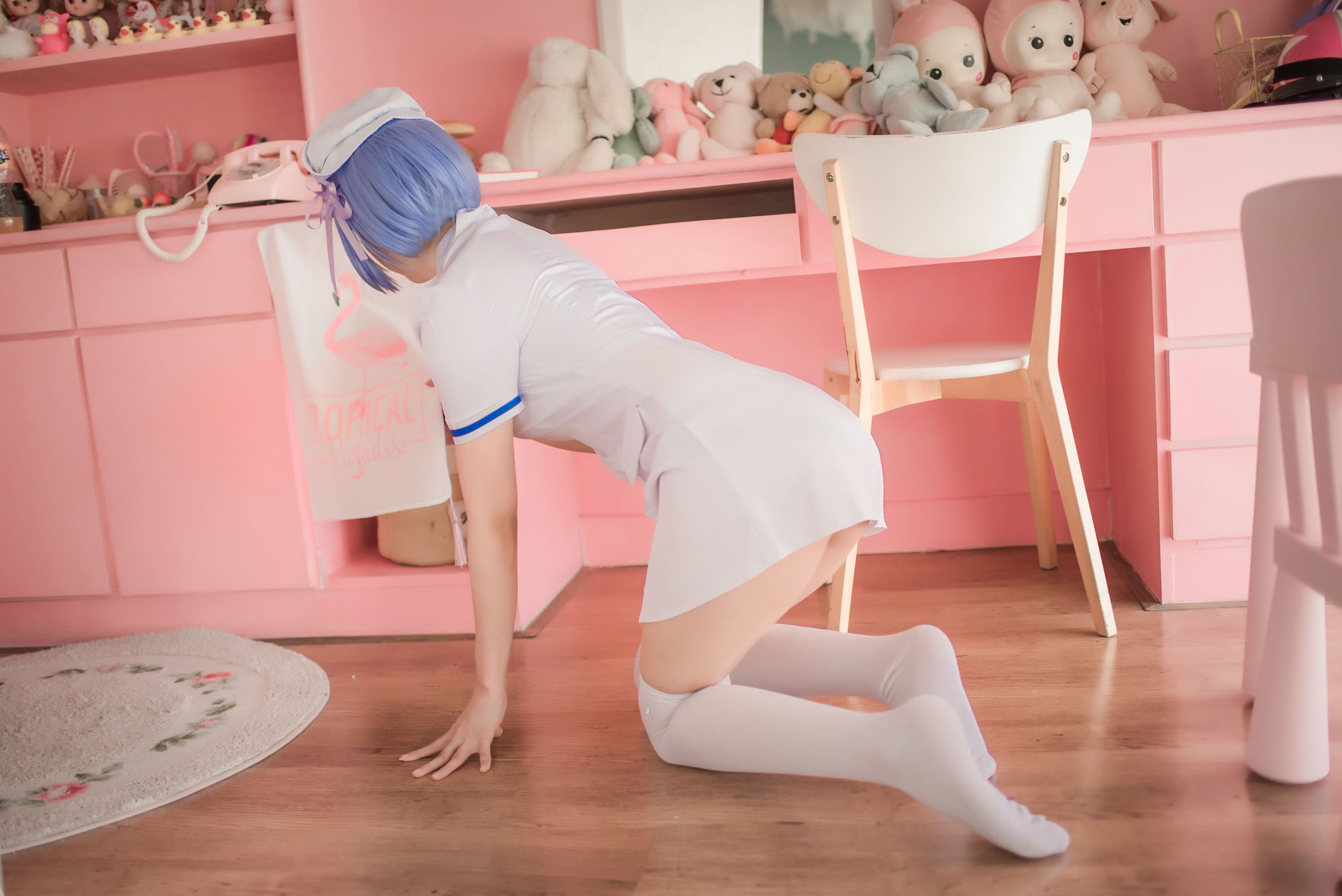  belle ta COS] Moe-style Xiao Ye Meizi w - White Gauze Skirt + Rem Nurse + Rem Bunny Girl