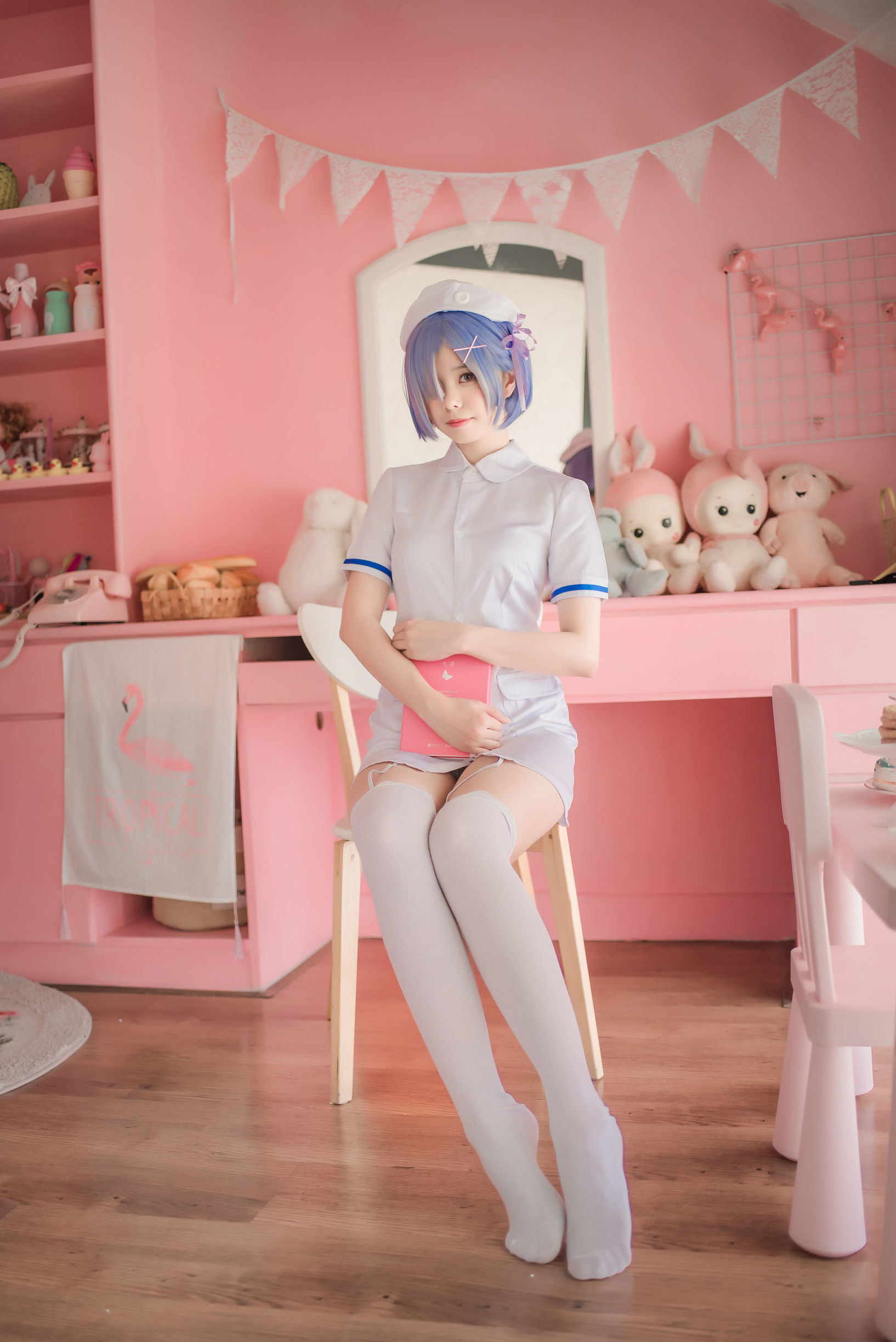  belle ta COS] Moe-style Xiao Ye Meizi w - White Gauze Skirt + Rem Nurse + Rem Bunny Girl