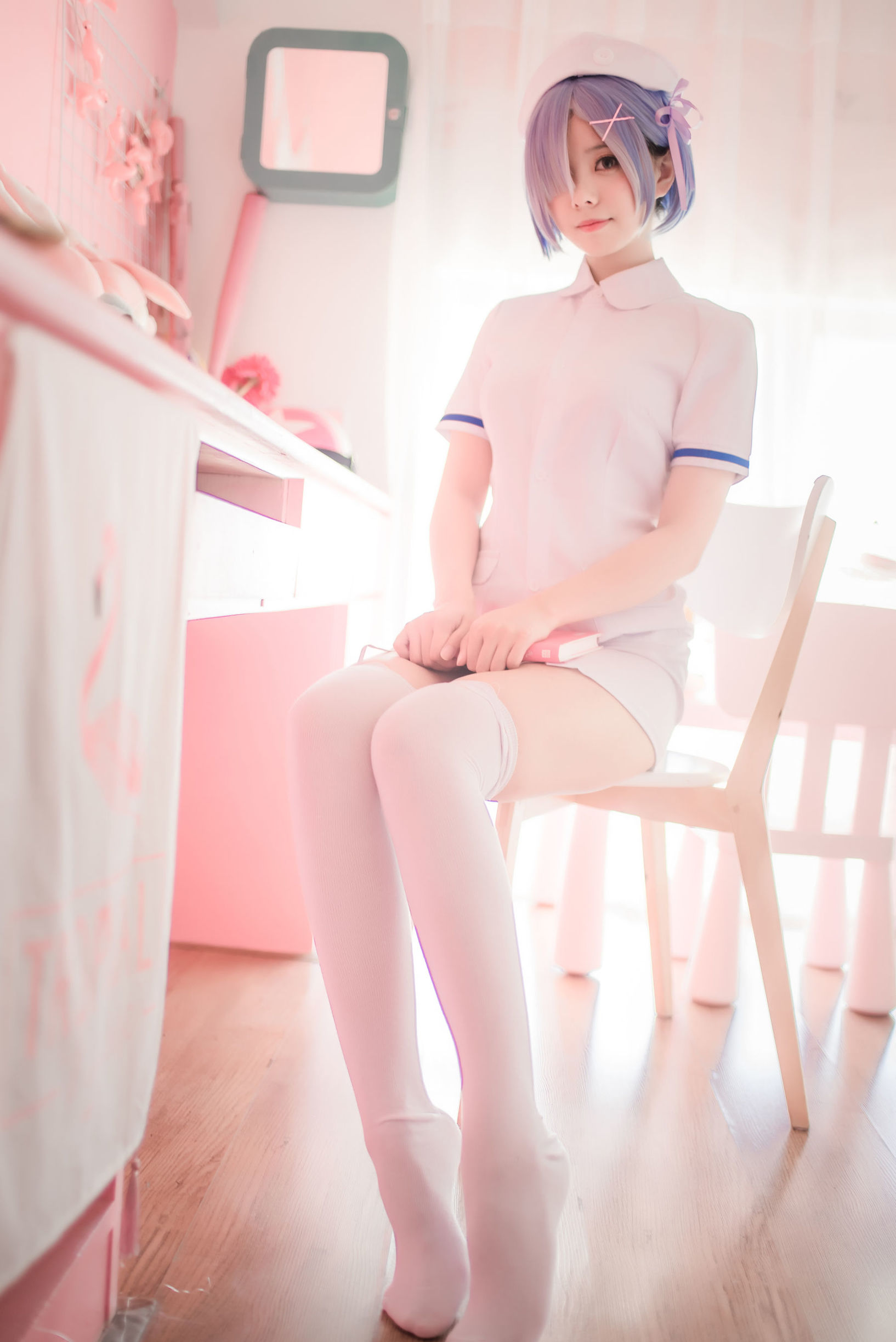  belle ta COS] Moe-style Xiao Ye Meizi w - White Gauze Skirt + Rem Nurse + Rem Bunny Girl