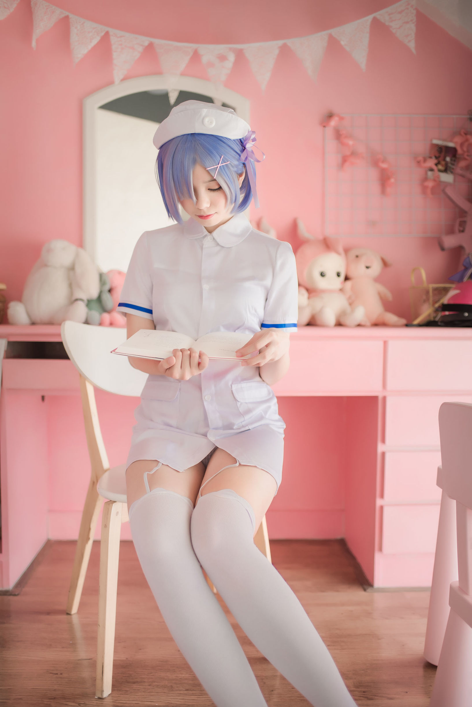  belle ta COS] Moe-style Xiao Ye Meizi w - White Gauze Skirt + Rem Nurse + Rem Bunny Girl