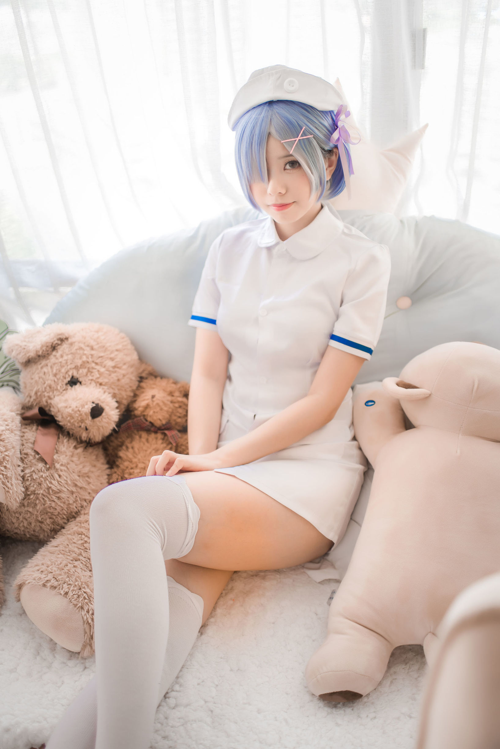  belle ta COS] Moe-style Xiao Ye Meizi w - White Gauze Skirt + Rem Nurse + Rem Bunny Girl