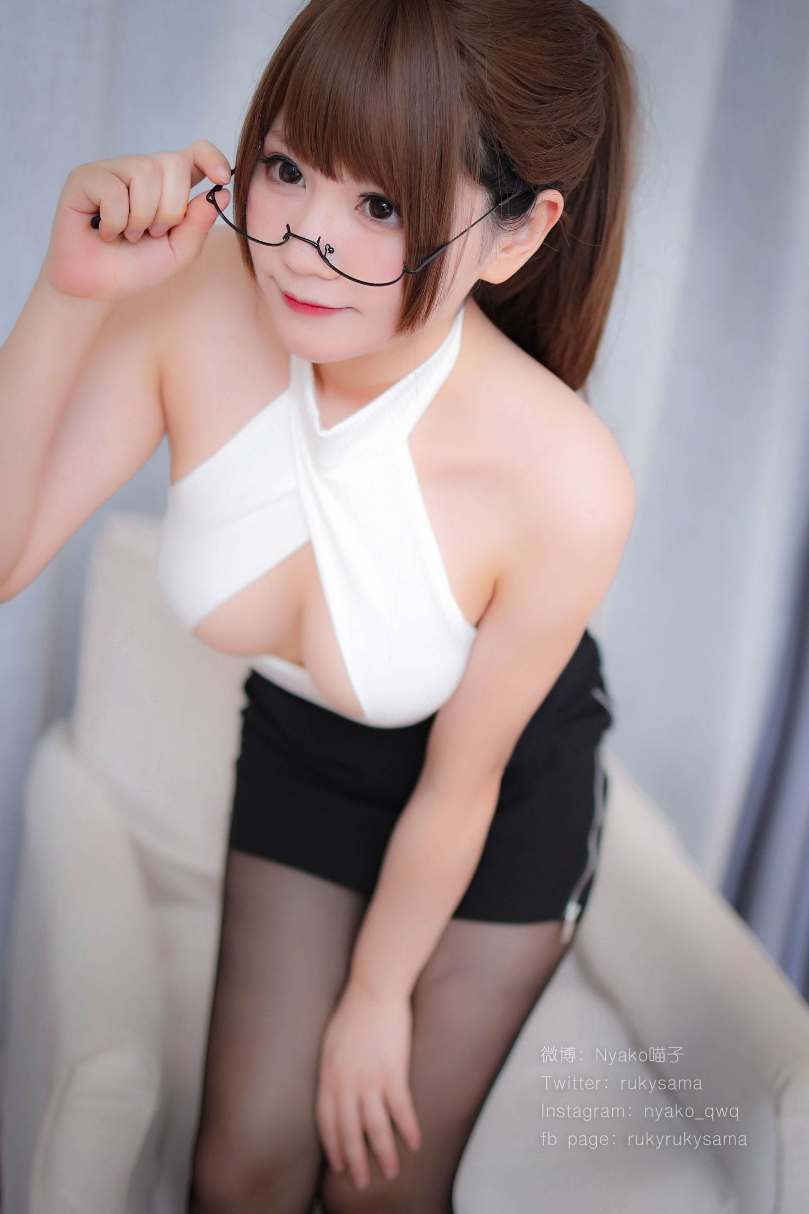 Cute Girl Nyako Meowzi in Black Stockings Uniform with Glasses