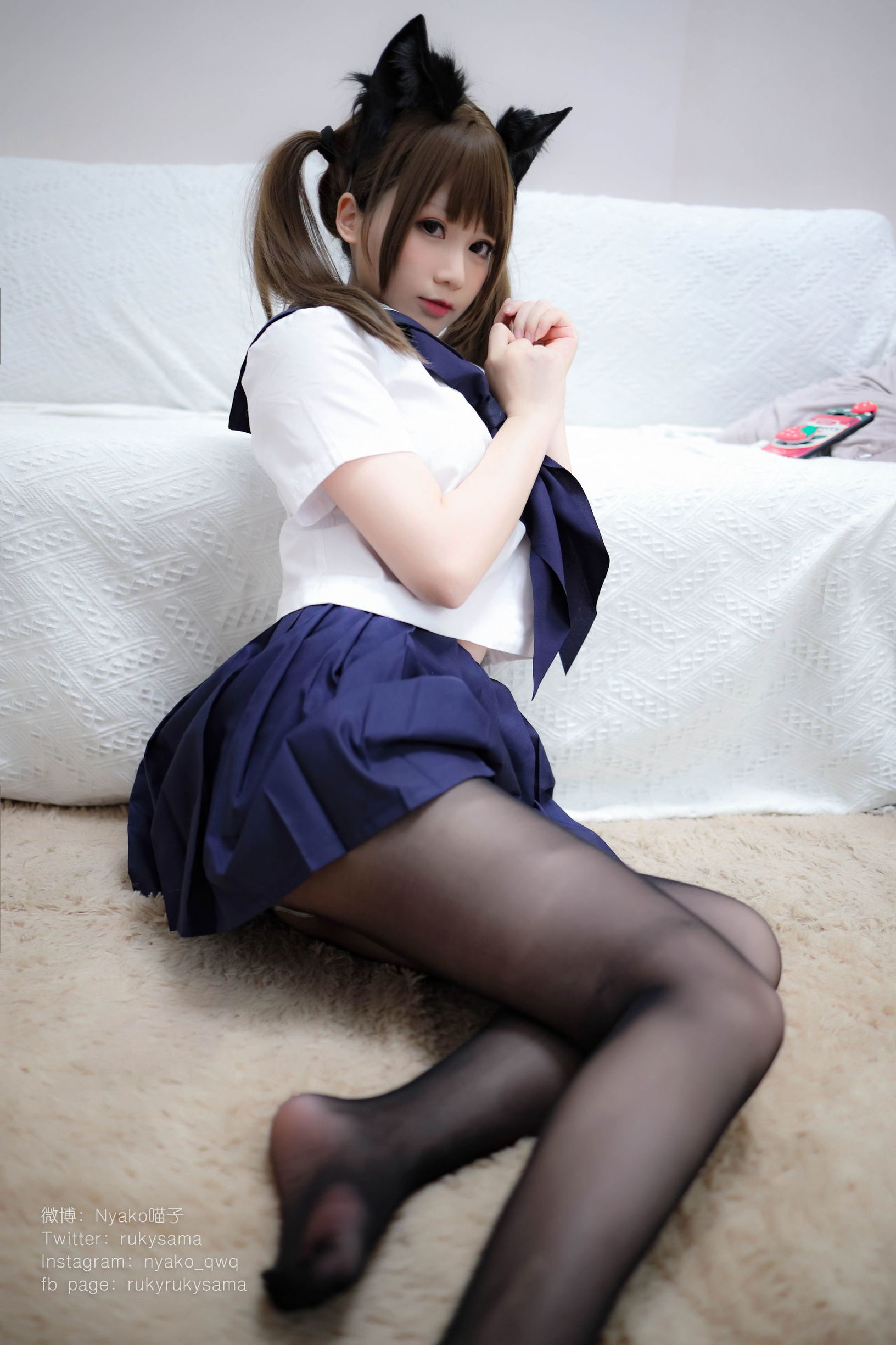 Cute Girl Nyako Meow  in Black Silk Sailor Uniform Cat Girl