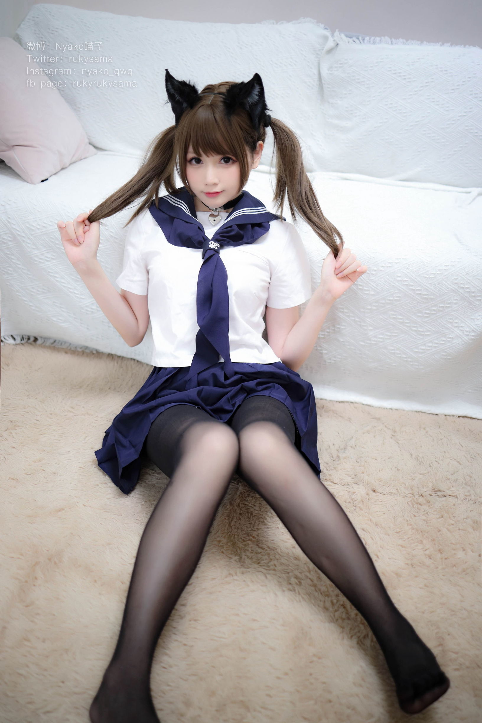Cute Girl Nyako Meow  in Black Silk Sailor Uniform Cat Girl