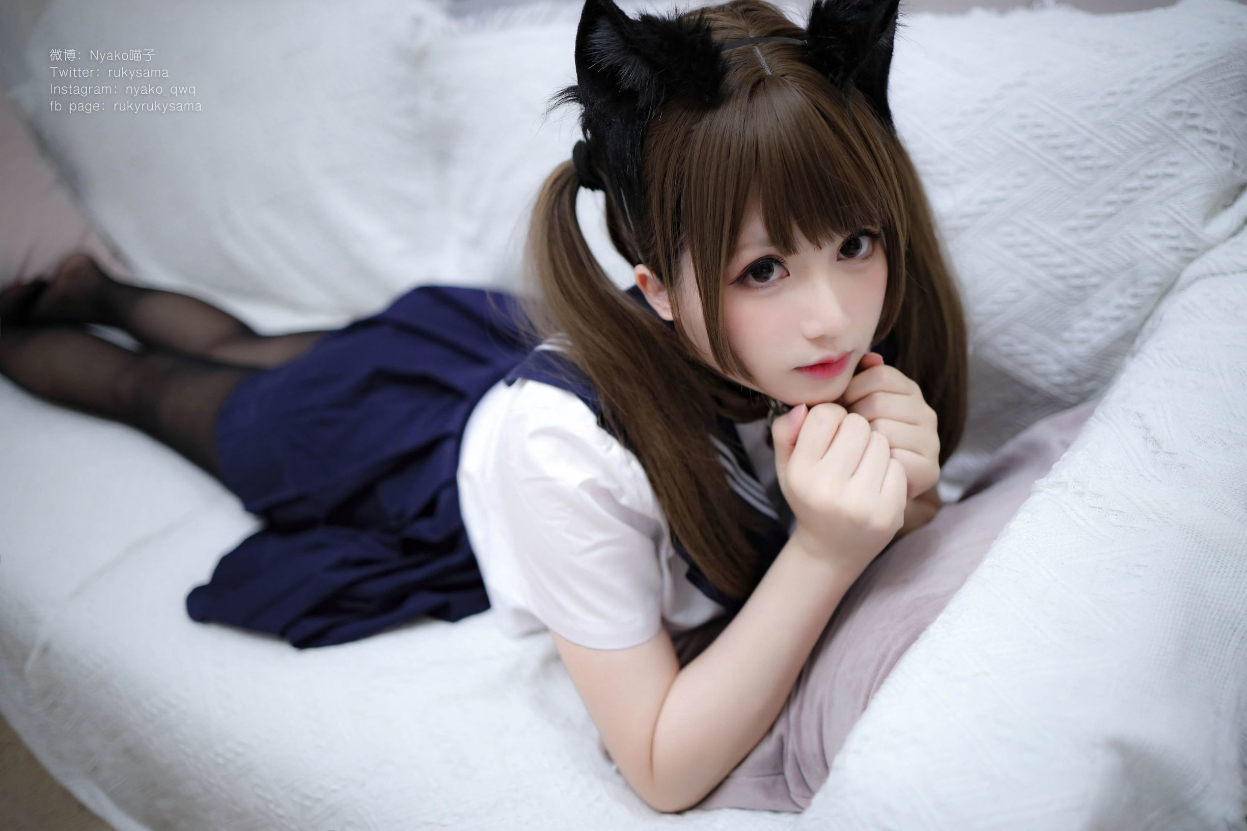 Cute Girl Nyako Meow  in Black Silk Sailor Uniform Cat Girl