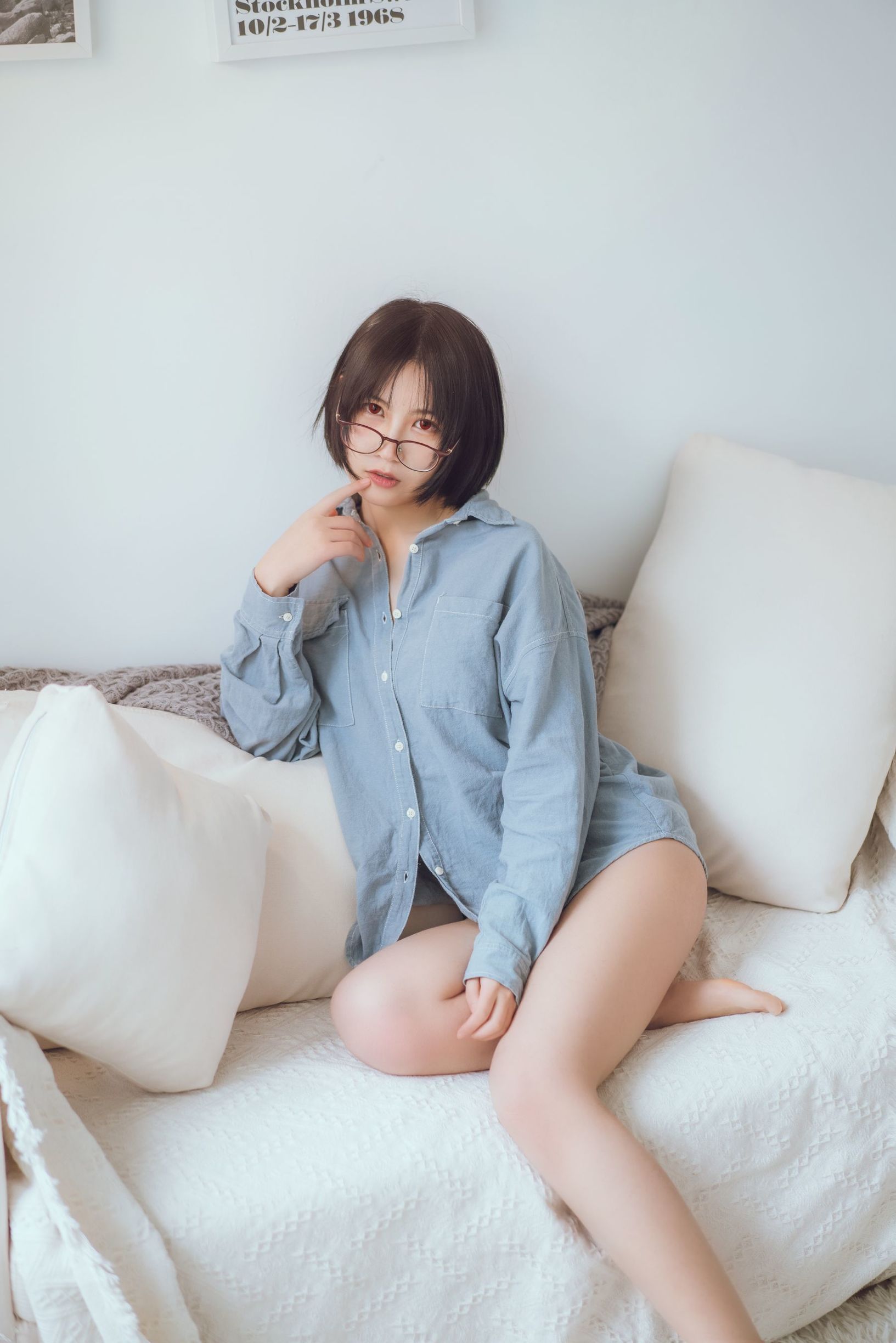 코서 미녀 축월 수 파란색 셔츠