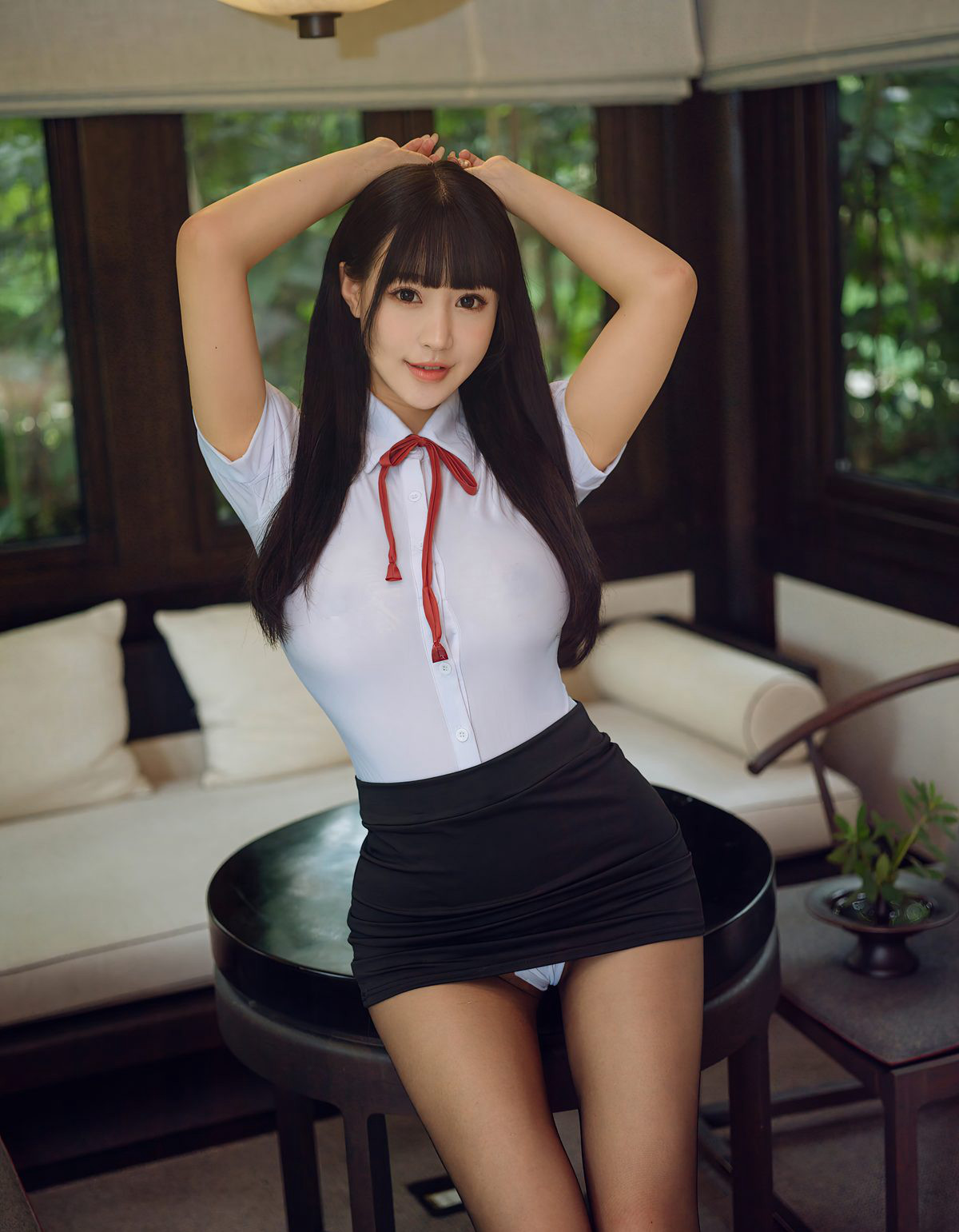 Zhu Ke'er Flower Uniform Short Skirt Seduction Black Silk Stockings Beautiful Legs Jade Buttocks 2021 HD Photo Set