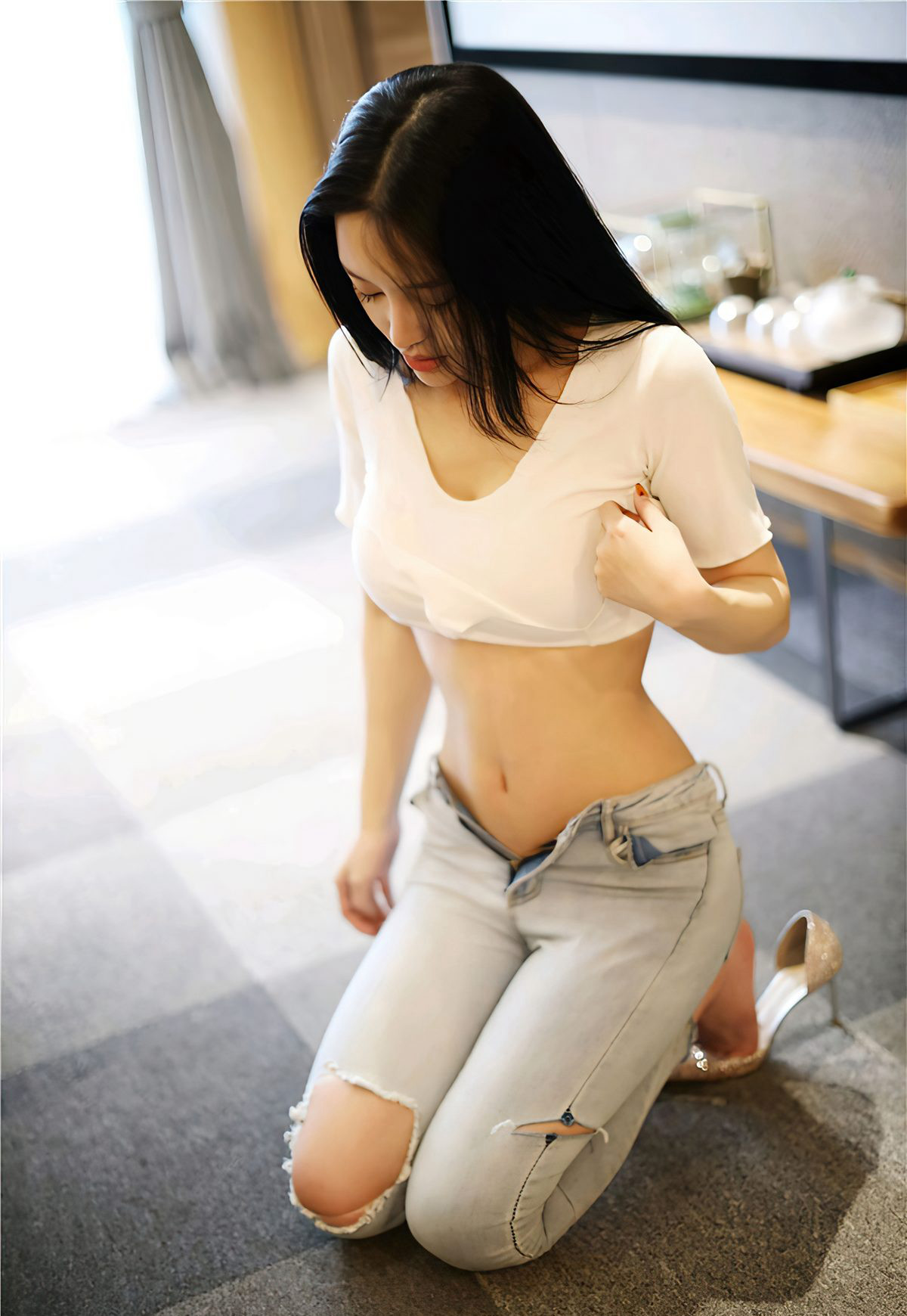 Tang Qi Er 2021 Sexy Tight-Fitting Jeans Temptation Perky Buttocks Pouting Buttocks Temptation Photo Set