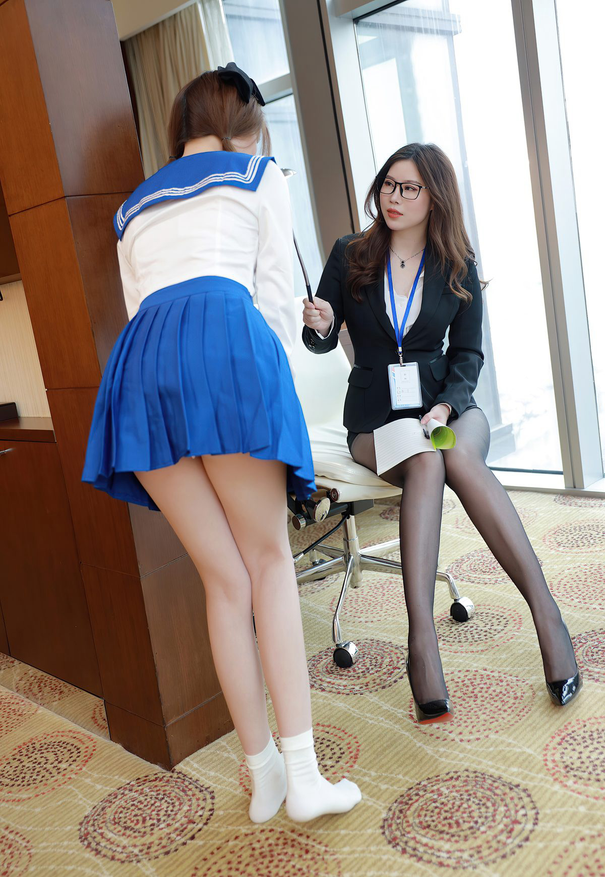 Sexy Uniform Temptation: Beautiful Secretary with Premium Black Stockings, Curvy Figure, Gorgeous Legs, High Heels, Office Photoshoot