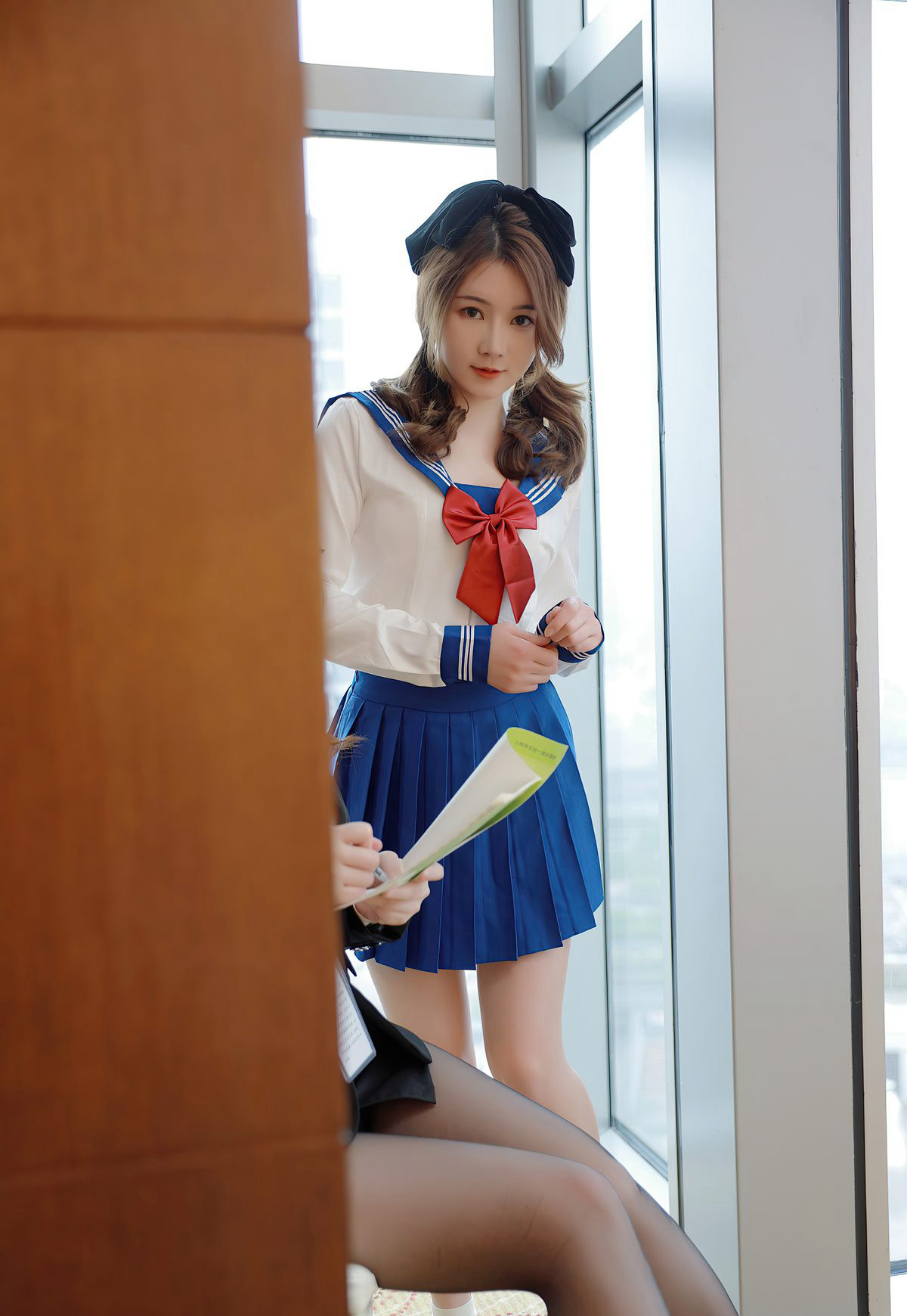 Sexy Uniform Temptation: Beautiful Secretary with Premium Black Stockings, Curvy Figure, Gorgeous Legs, High Heels, Office Photoshoot