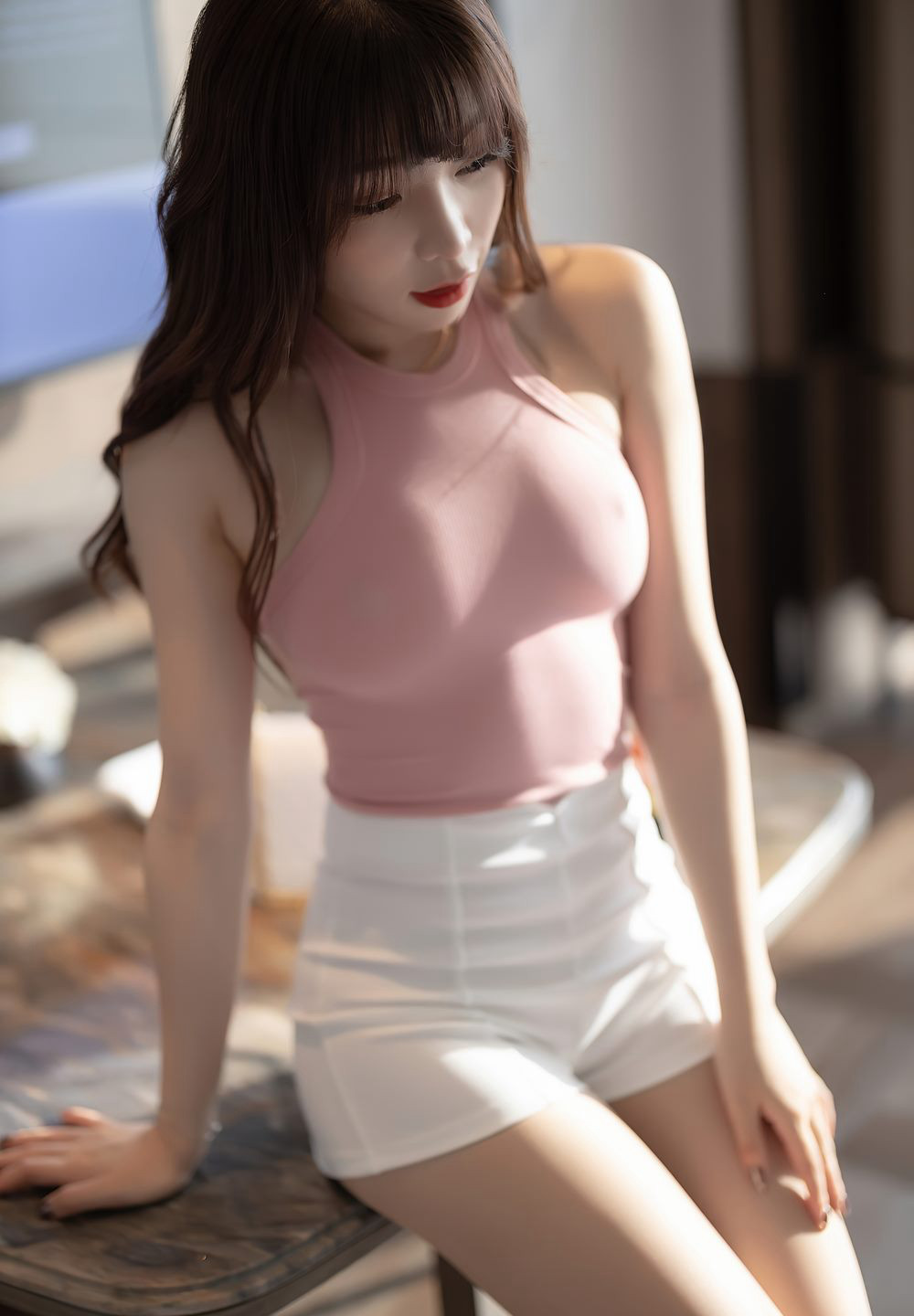 Zhi Zhi Booty fishnet stockings premium beautiful legs high heels young model sexy white hot pants flirtatious