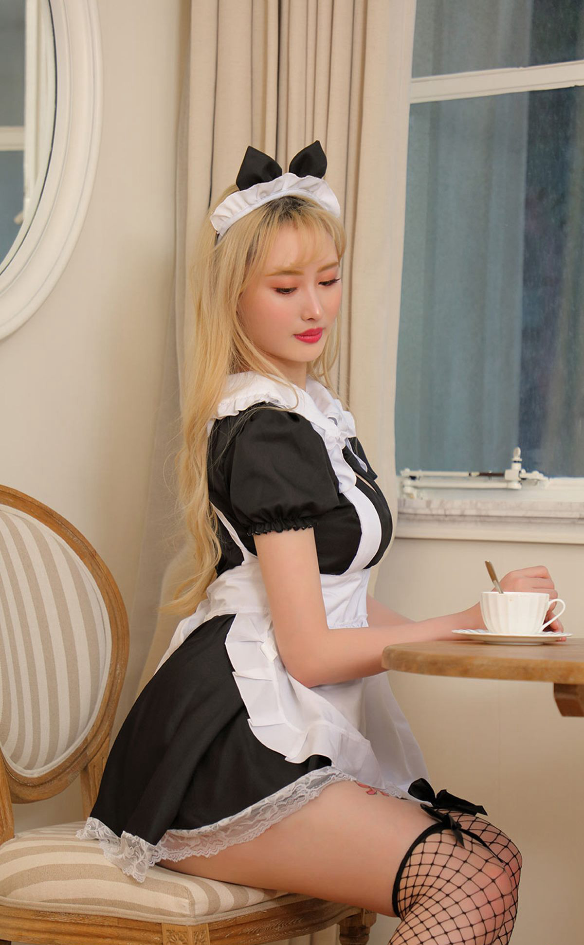Sexy maid outfit, premium fishnet stockings, beautiful seductive young married woman with fair skin, beautiful buttocks, and large breasts.
