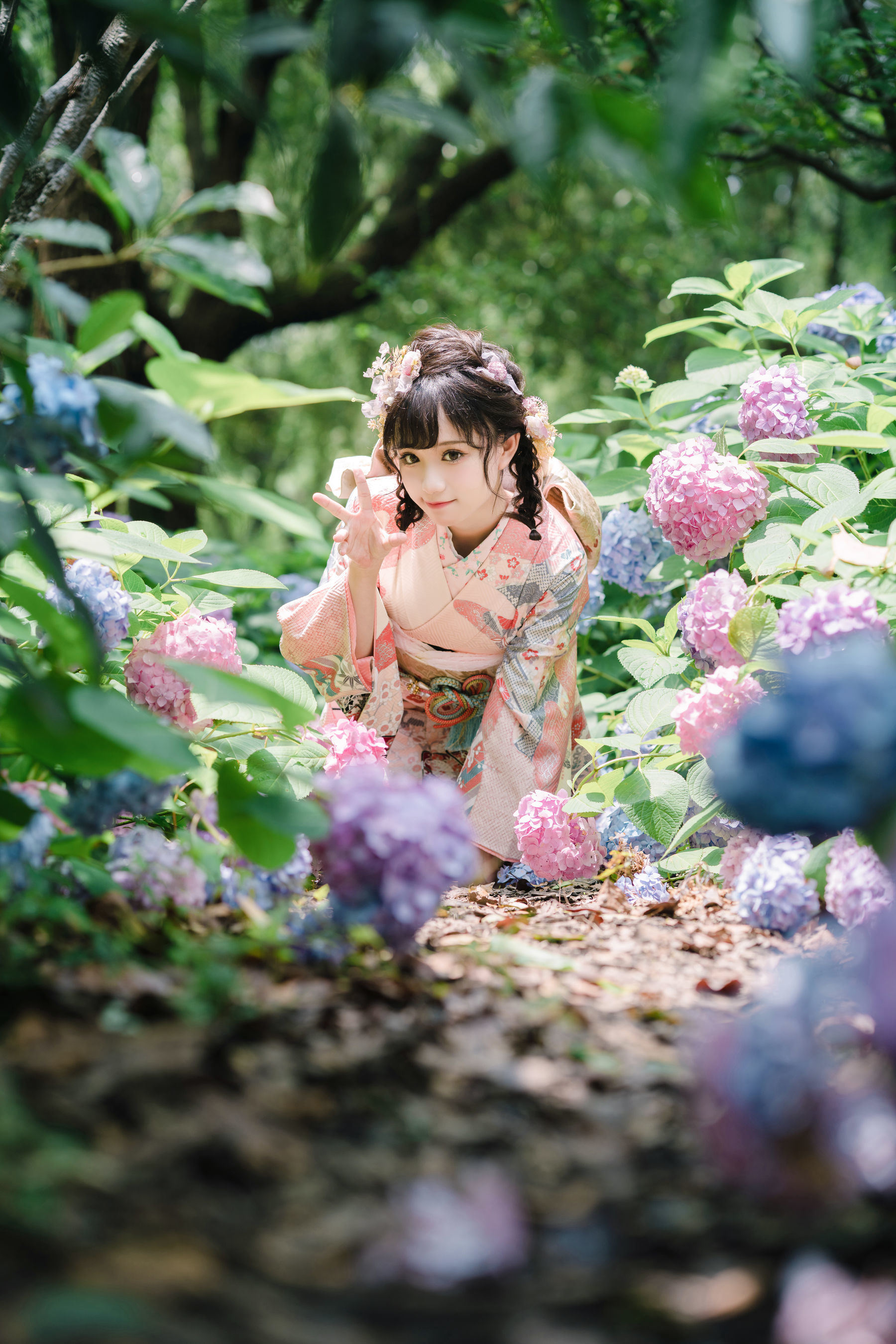 Phúc lợi COS] Hoa Thất Hana - Áo kimono hoa cẩm tú cầu