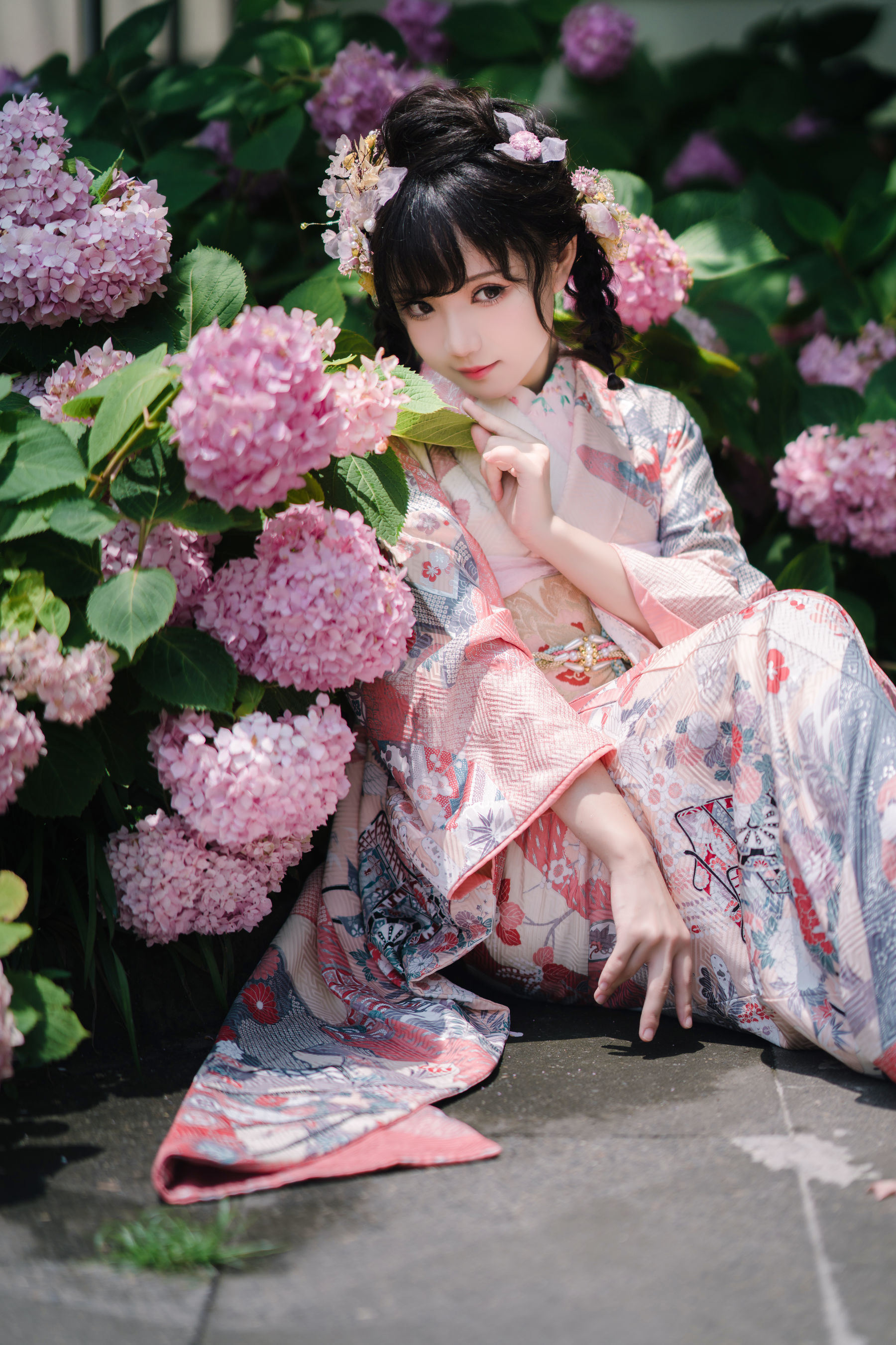 Phúc lợi COS] Hoa Thất Hana - Áo kimono hoa cẩm tú cầu
