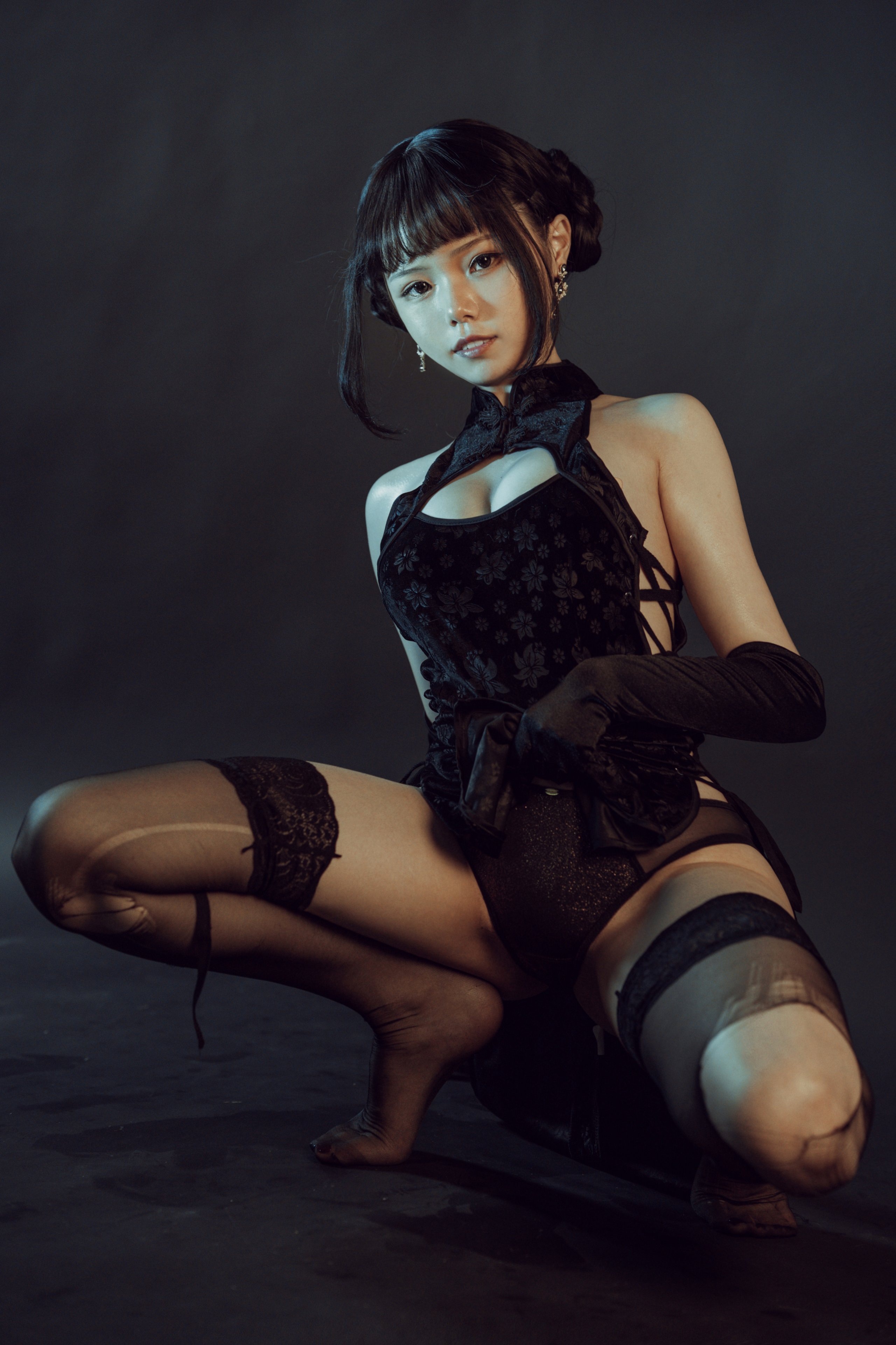 July Meowzi — Black Silk - Qipao - Leather Jacket, Three Sets