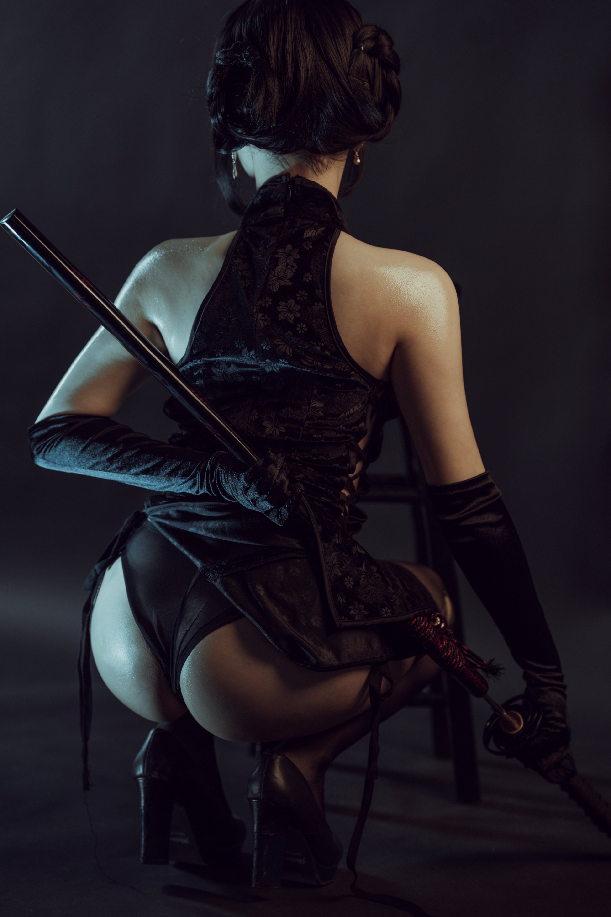 July Meowzi — Black Silk - Qipao - Leather Jacket, Three Sets