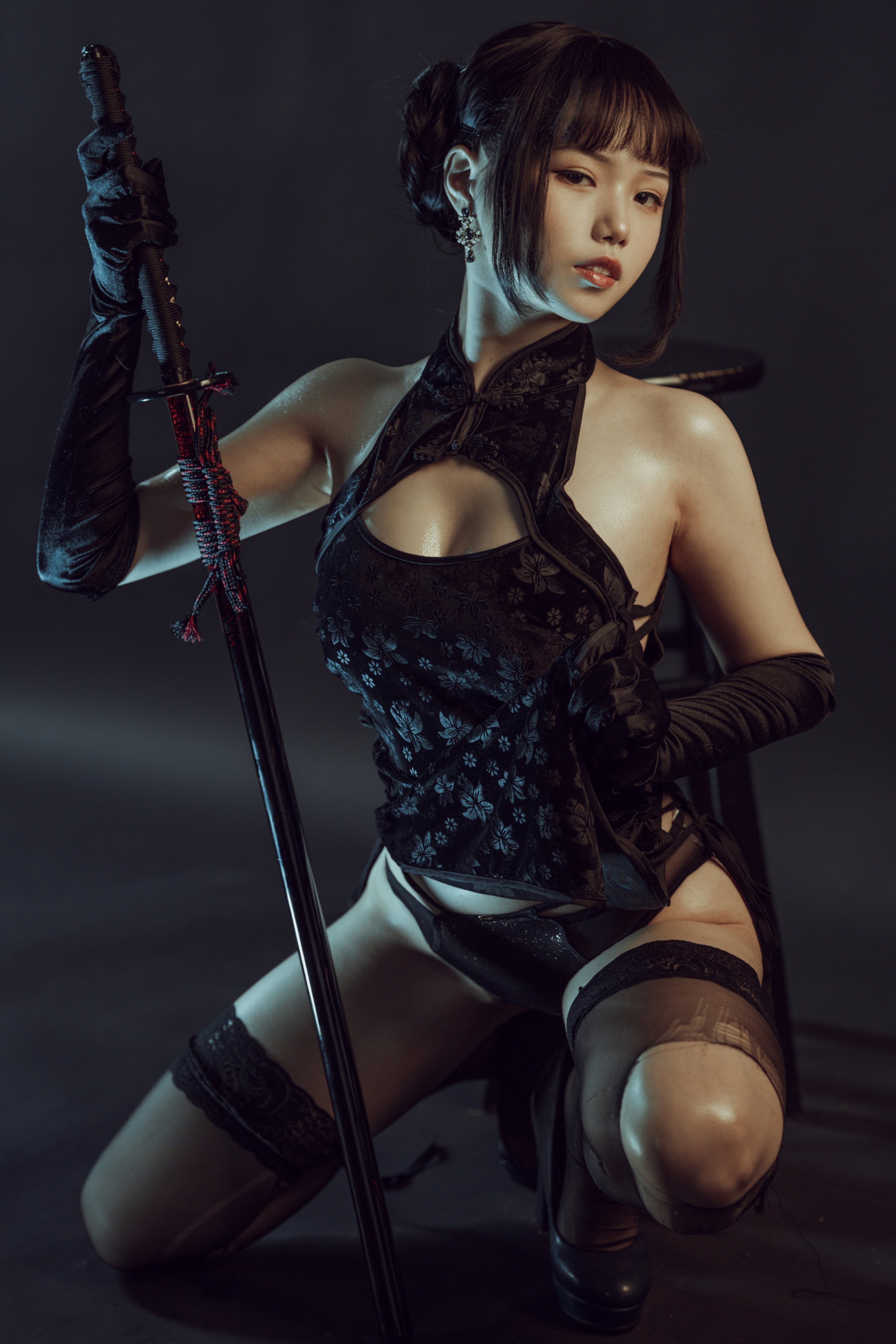 July Meowzi — Black Silk - Qipao - Leather Jacket, Three Sets