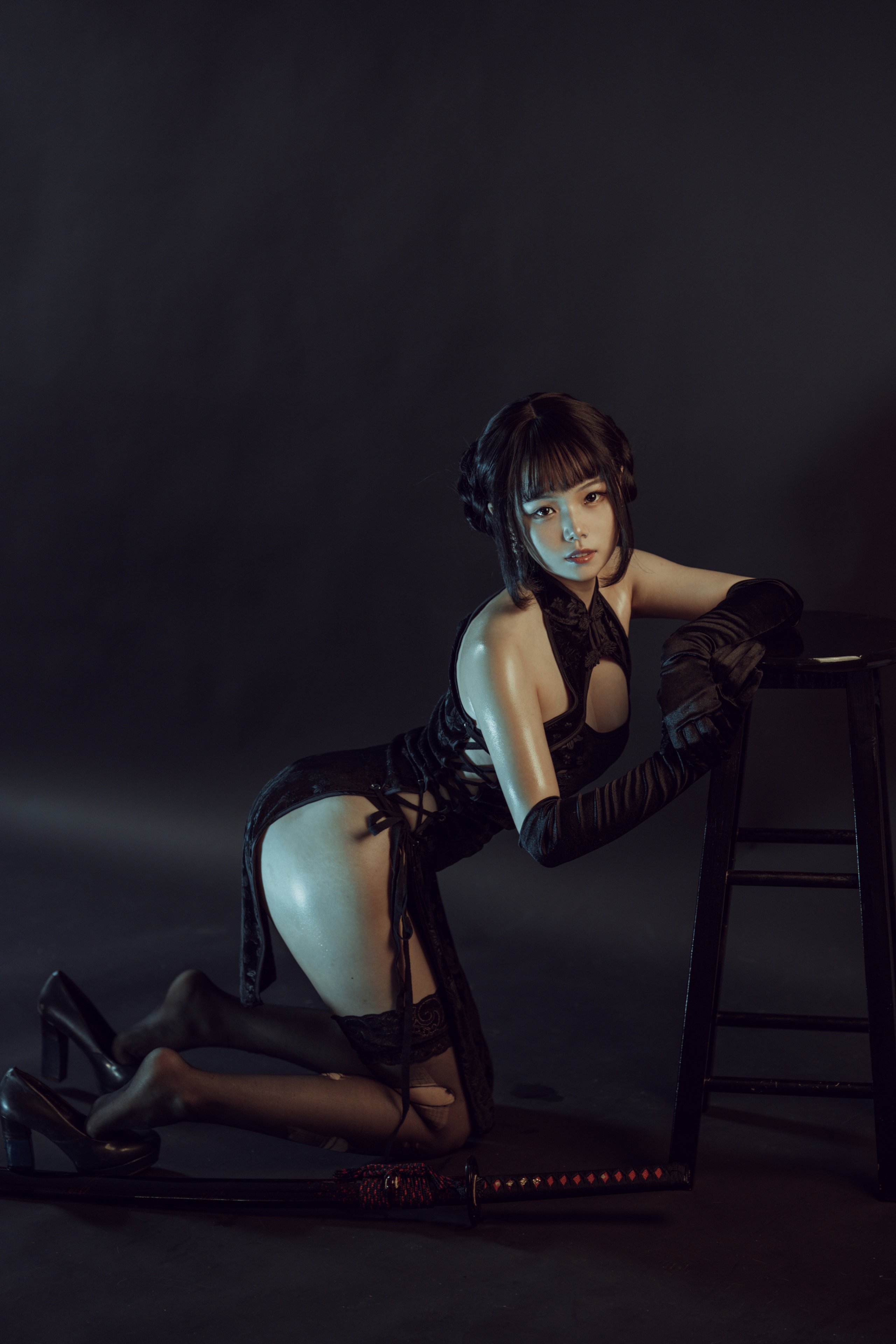 July Meowzi — Black Silk - Qipao - Leather Jacket, Three Sets