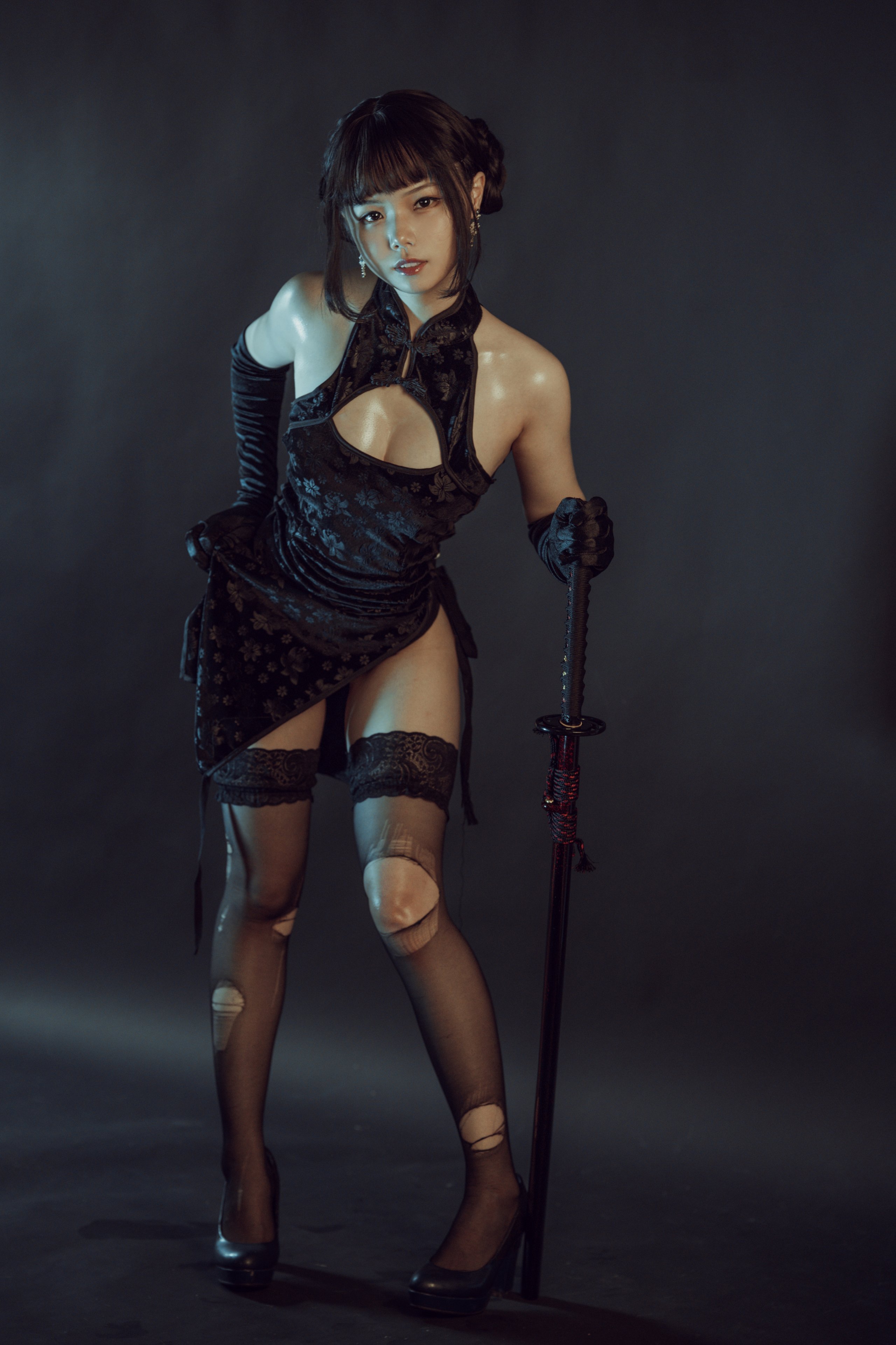 July Meowzi — Black Silk - Qipao - Leather Jacket, Three Sets