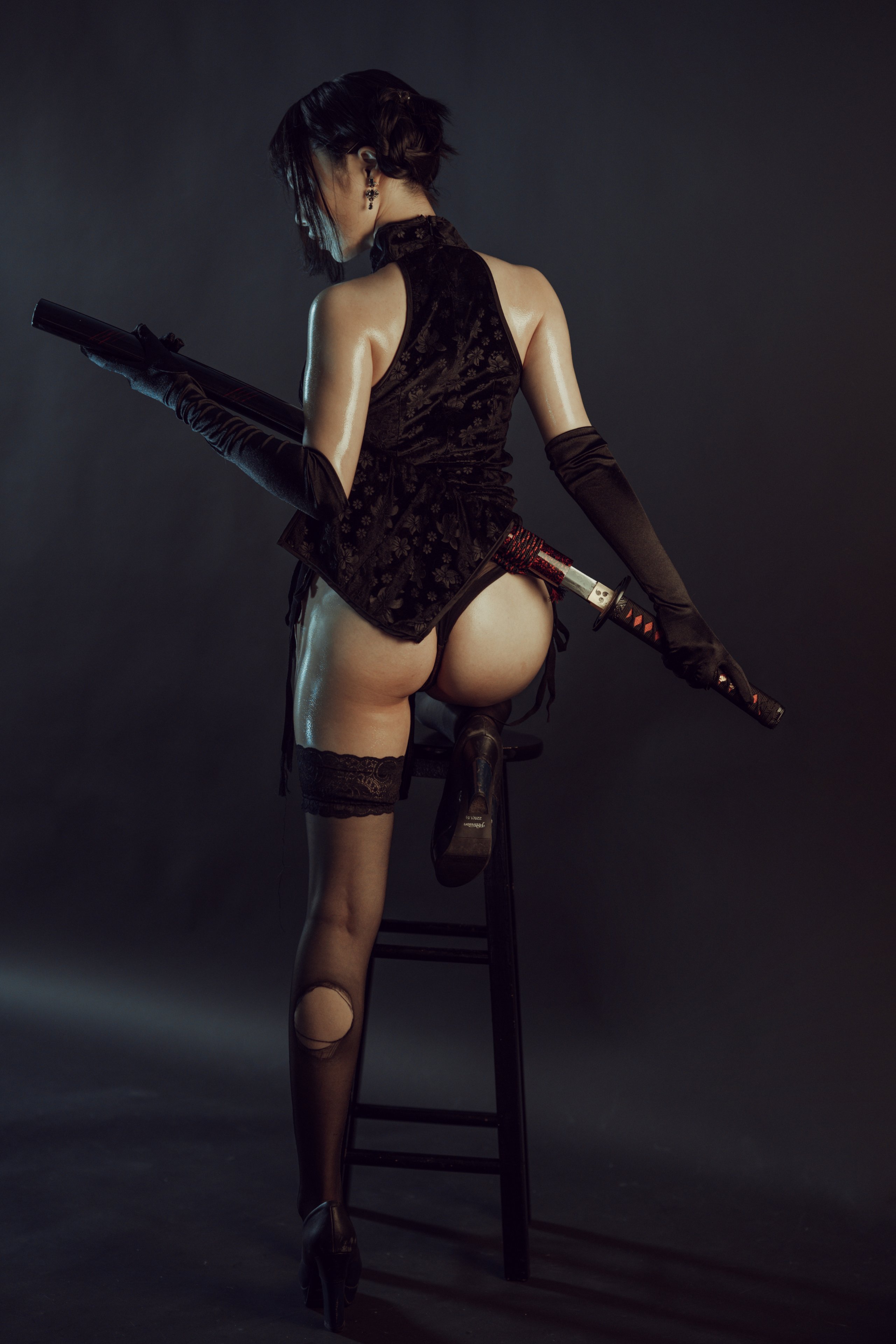 July Meowzi — Black Silk - Qipao - Leather Jacket, Three Sets