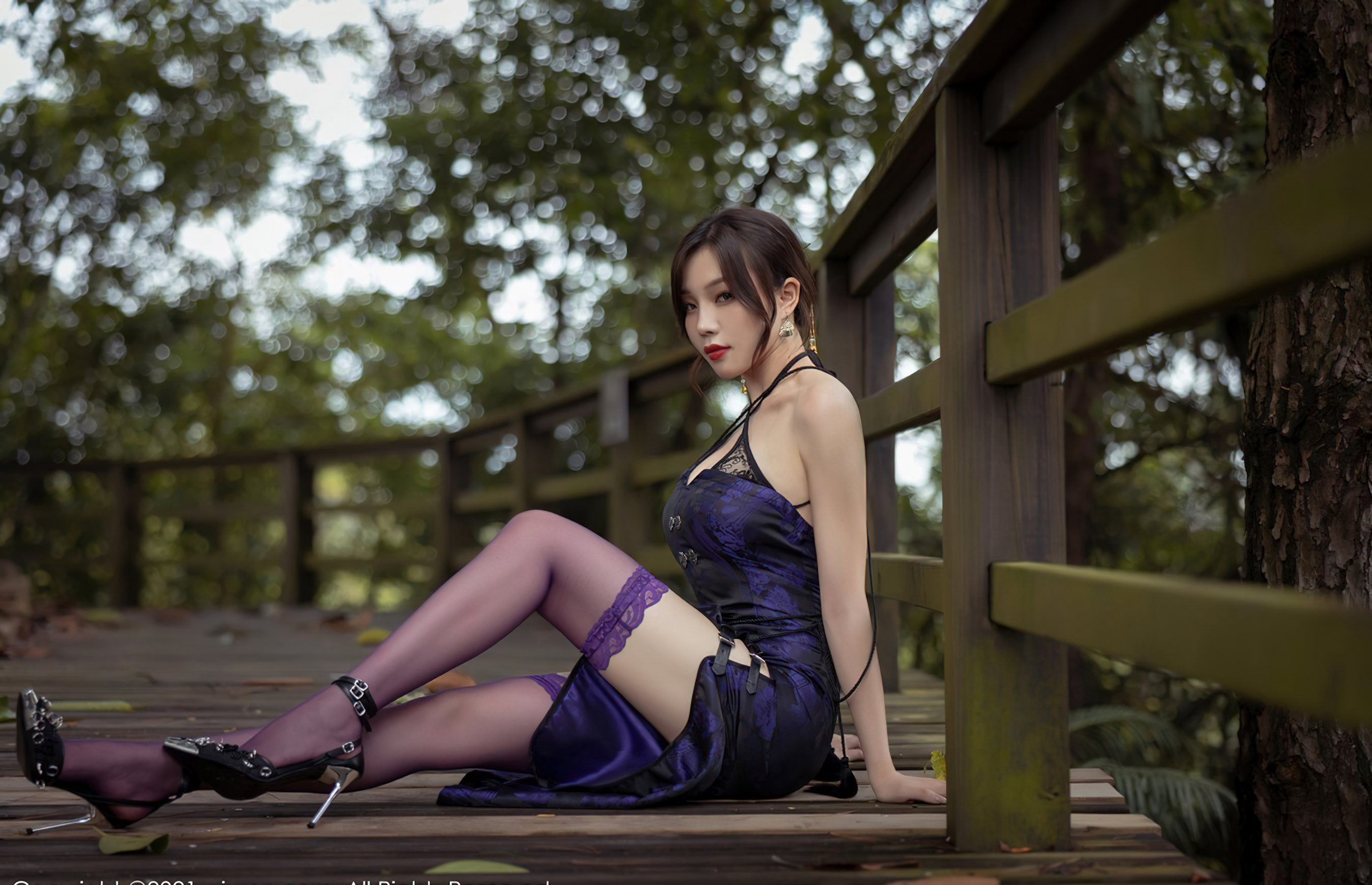 Zhi Zhi premium qipao, sexy purple stockings, premium beautiful buttocks, thong, tempting beautiful legs, high heels