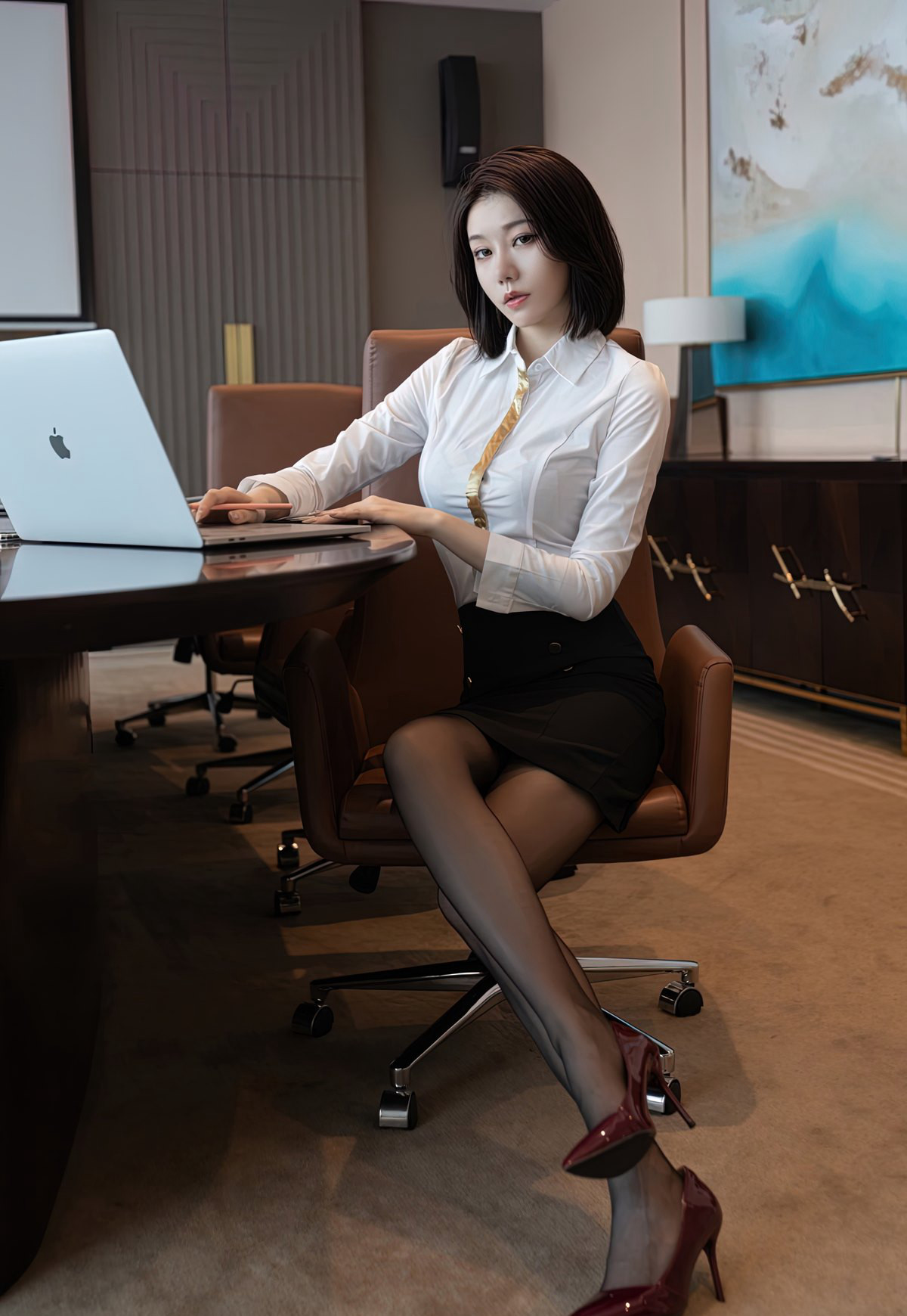 辦公室風騷美女秘書安然性感美腿豐滿肥臀脫黑絲無內