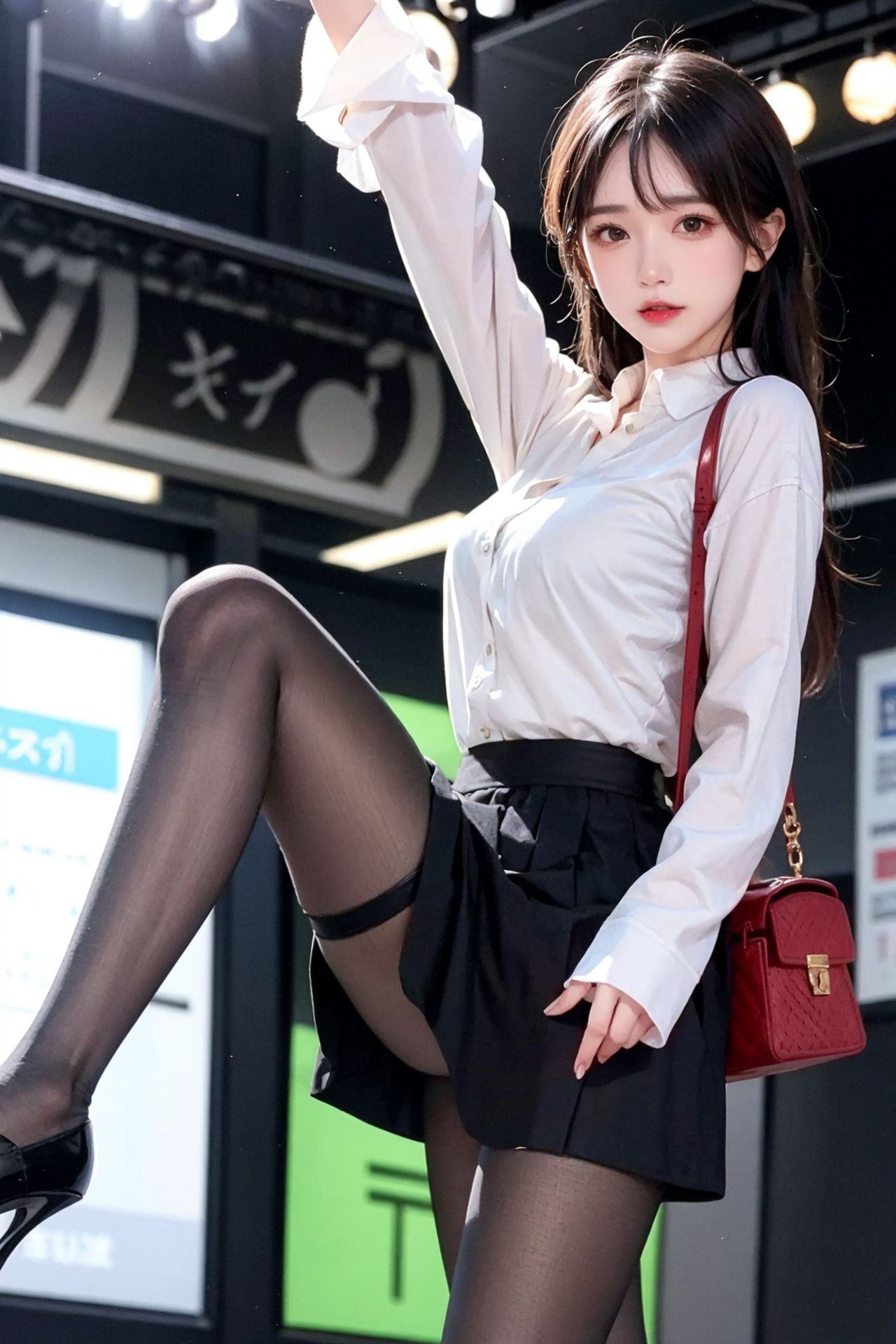 Street photography of an innocent young girl in black stockings and a pleated skirt