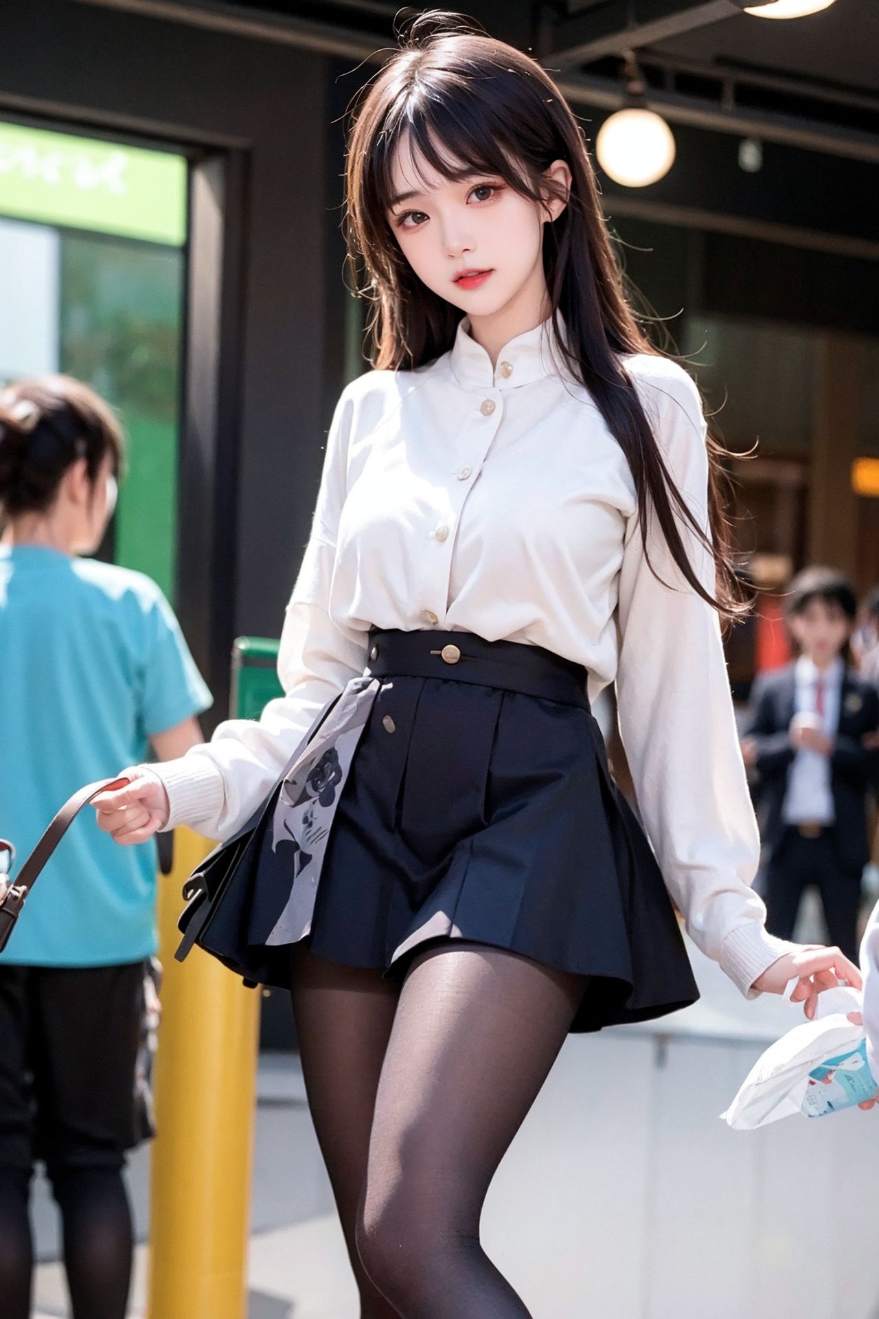 Street photography of an innocent young girl in black stockings and a pleated skirt