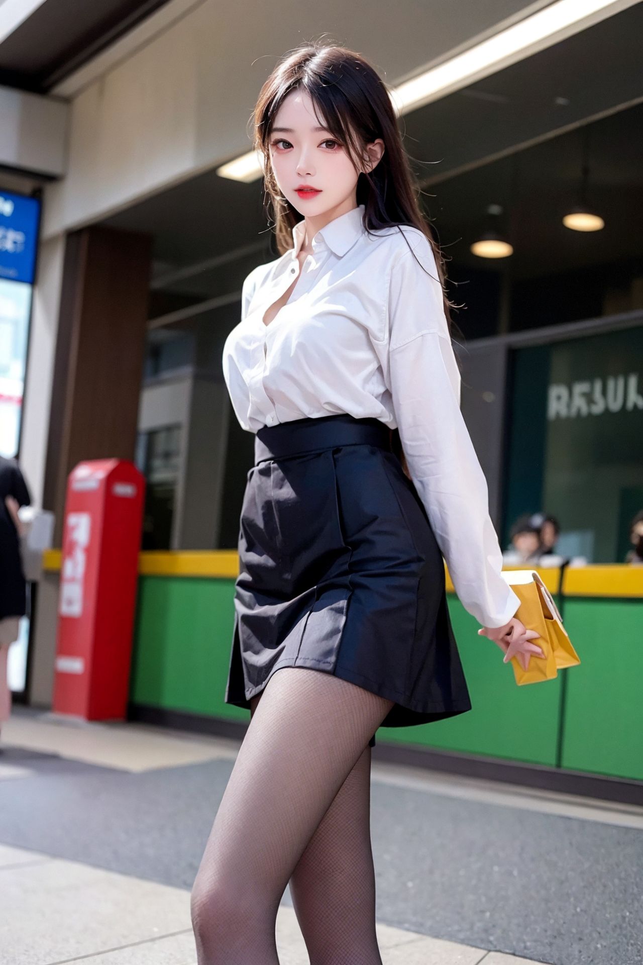 Street photography of an innocent young girl in black stockings and a pleated skirt