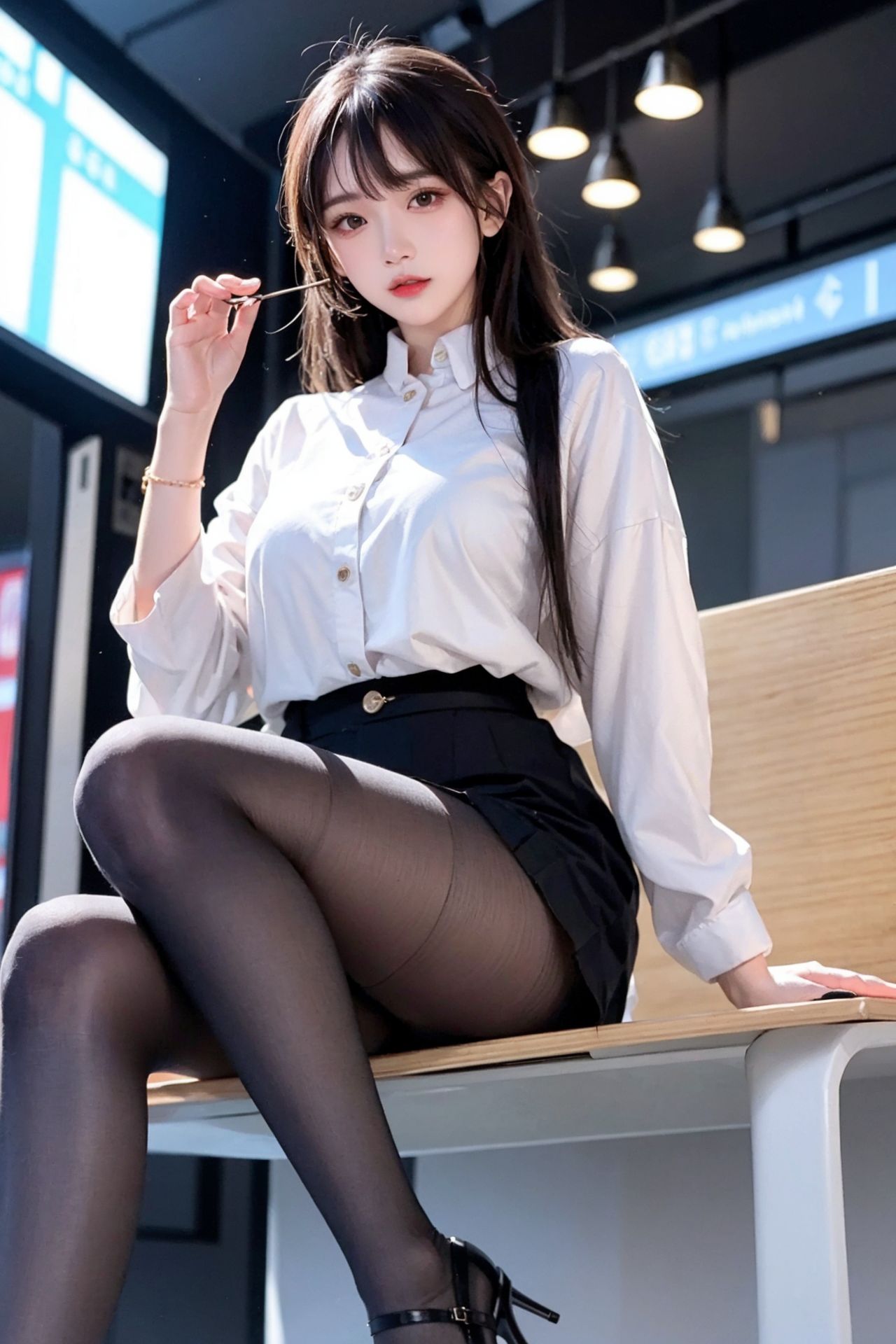 거리 촬영 청순 블랙 스타킹 플리츠 스커트 소녀