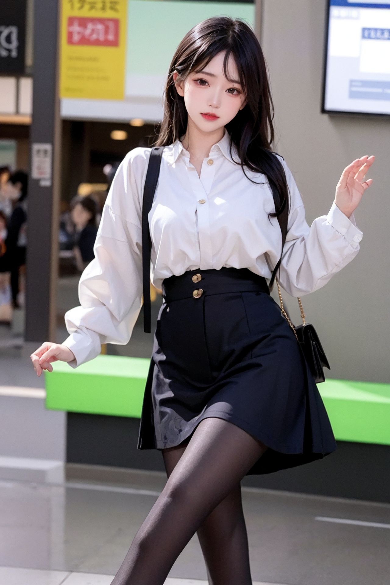 Street photography of an innocent young girl in black stockings and a pleated skirt
