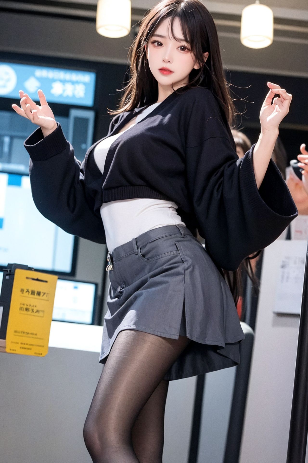 ストリートスナップの清純な黒ストッキングの百褶スカートの少女
