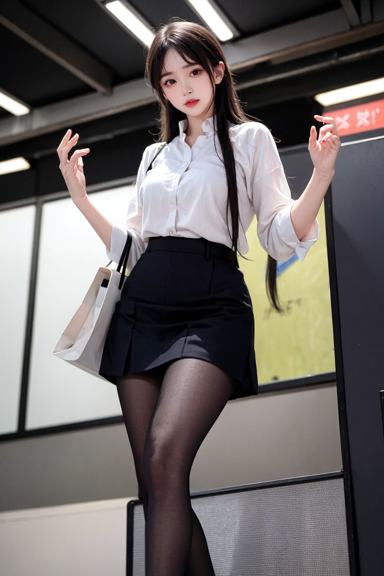 ストリートスナップの清純な黒ストッキングの百褶スカートの少女