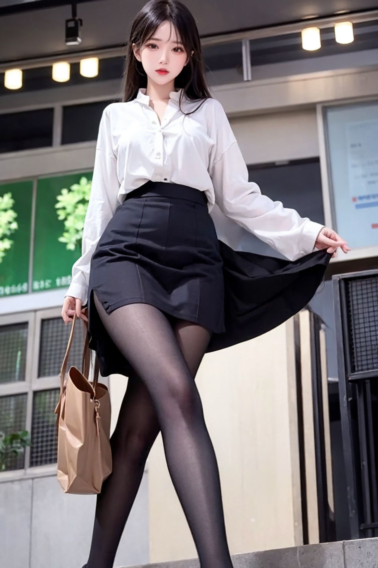ストリートスナップの清純な黒ストッキングの百褶スカートの少女