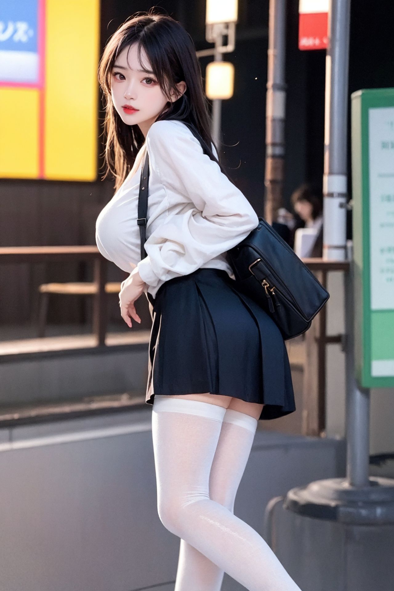 ストリートスナップの清純な黒ストッキングの百褶スカートの少女