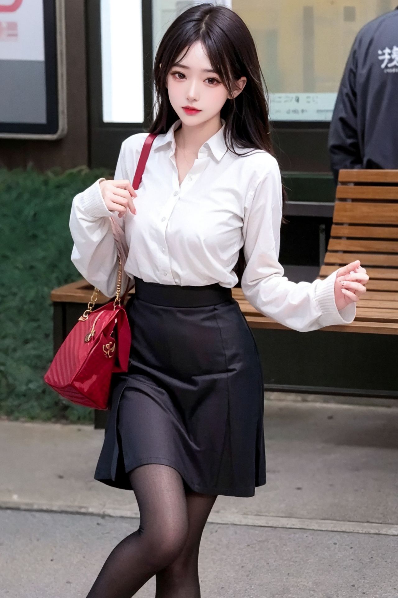 ストリートスナップの清純な黒ストッキングの百褶スカートの少女