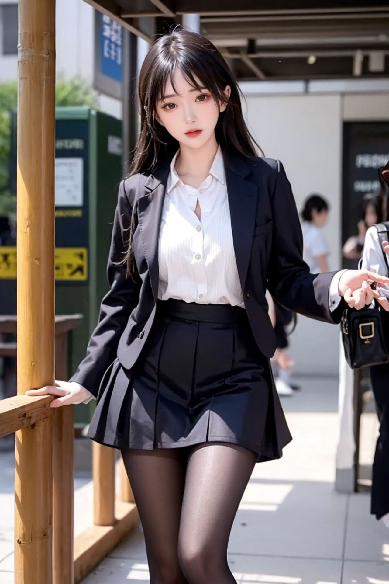 거리 촬영 청순 블랙 스타킹 플리츠 스커트 소녀