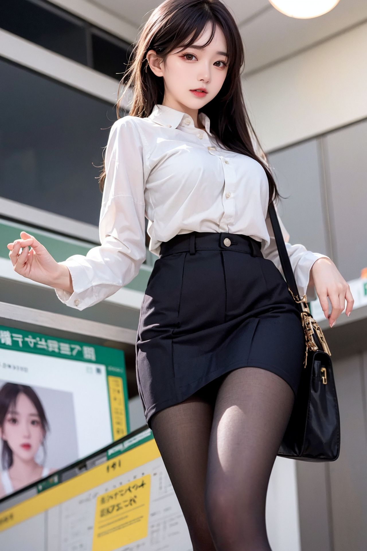 거리 촬영 청순 블랙 스타킹 플리츠 스커트 소녀