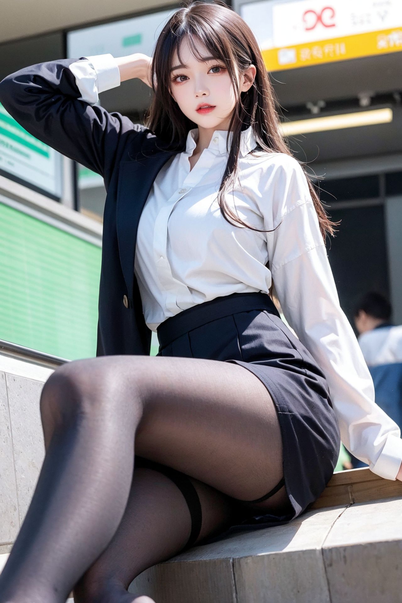거리 촬영 청순 블랙 스타킹 플리츠 스커트 소녀