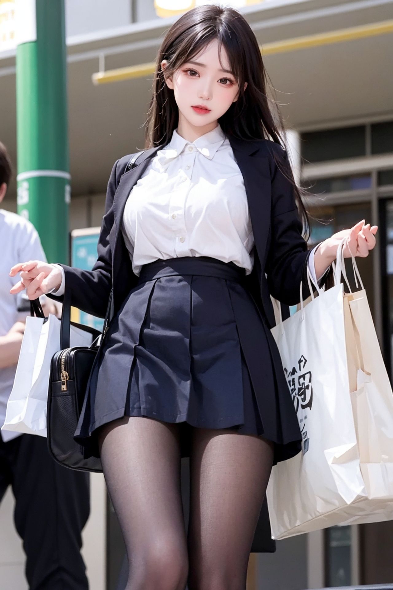 거리 촬영 청순 블랙 스타킹 플리츠 스커트 소녀