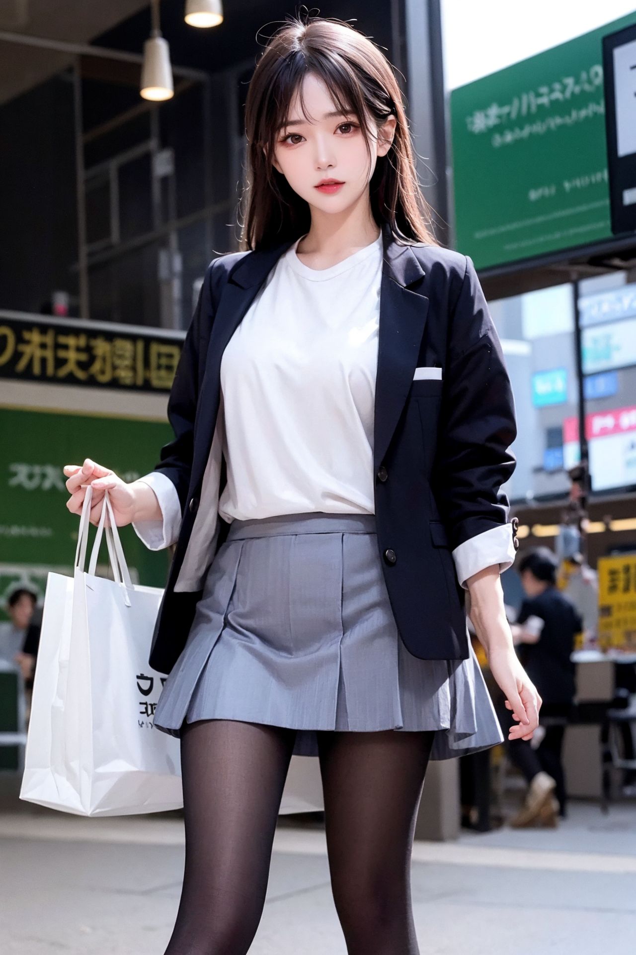 거리 촬영 청순 블랙 스타킹 플리츠 스커트 소녀