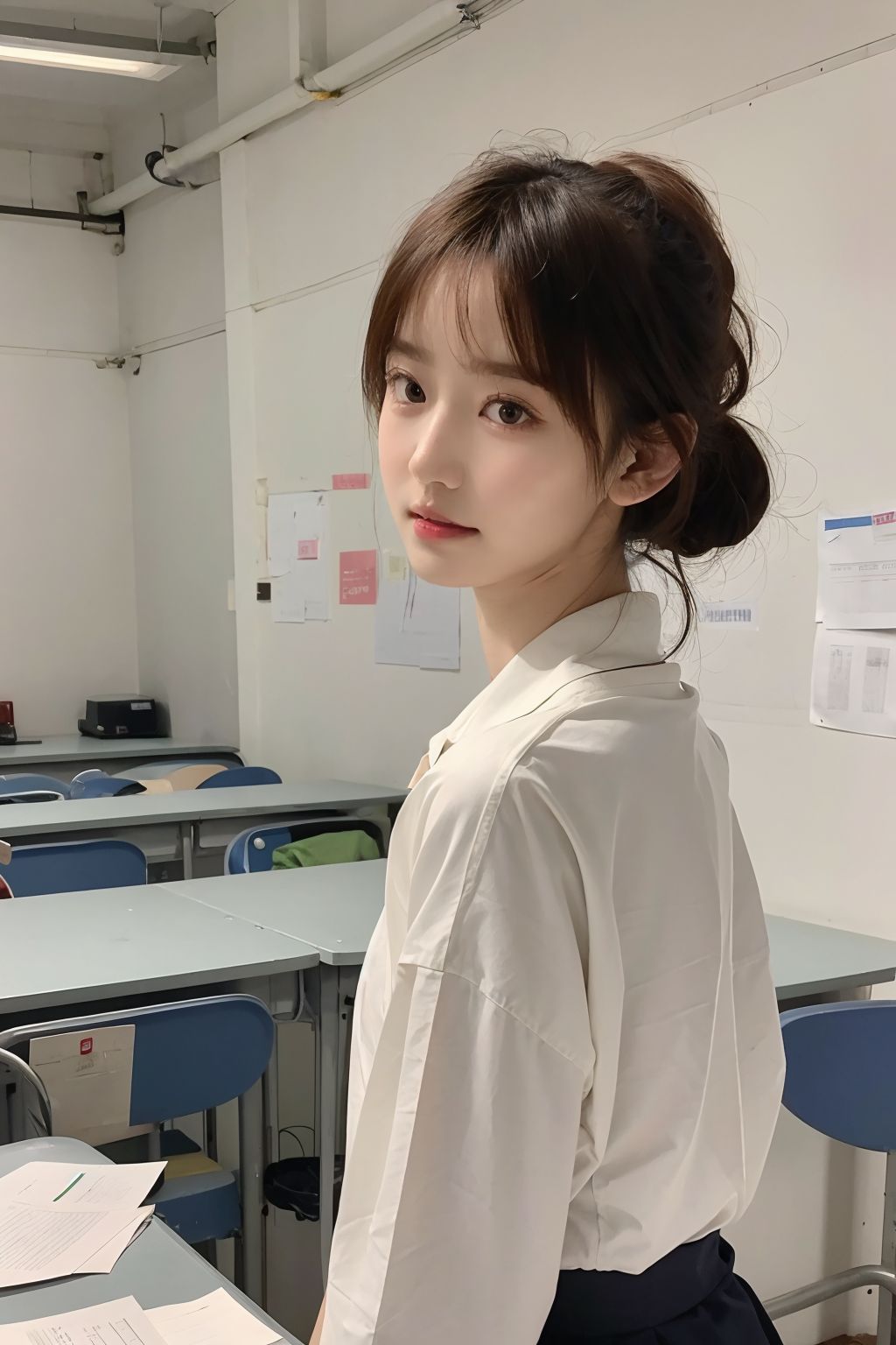 The female high school student in a sailor uniform in the classroom.