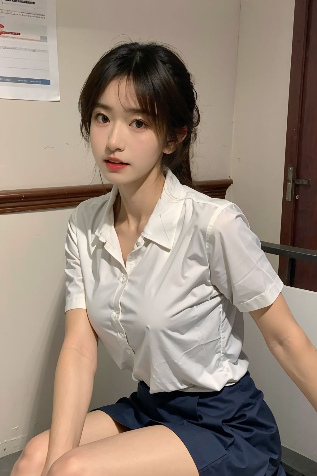 The female high school student in a sailor uniform in the classroom.
