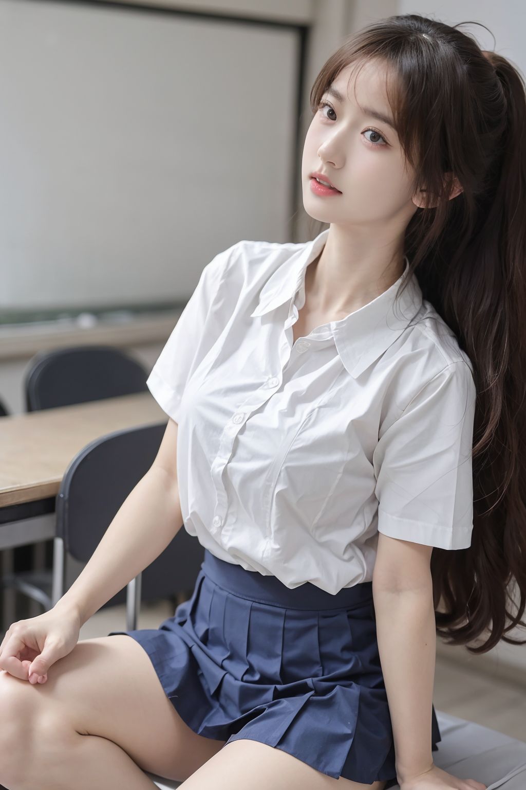 นักเรียนหญิงมัธยมปลายสวมชุดเซเลอร์ในห้องเรียน