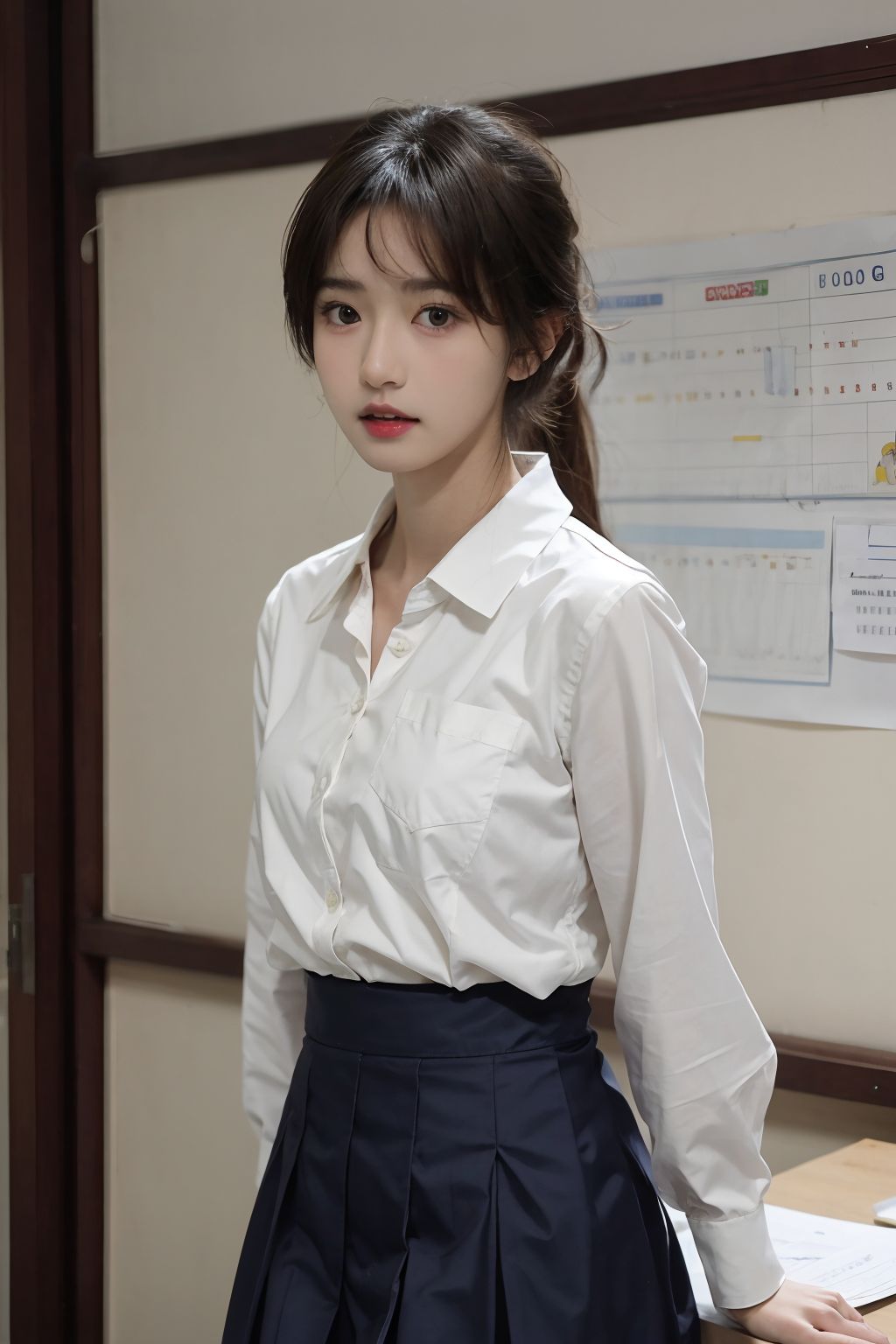 นักเรียนหญิงมัธยมปลายสวมชุดเซเลอร์ในห้องเรียน