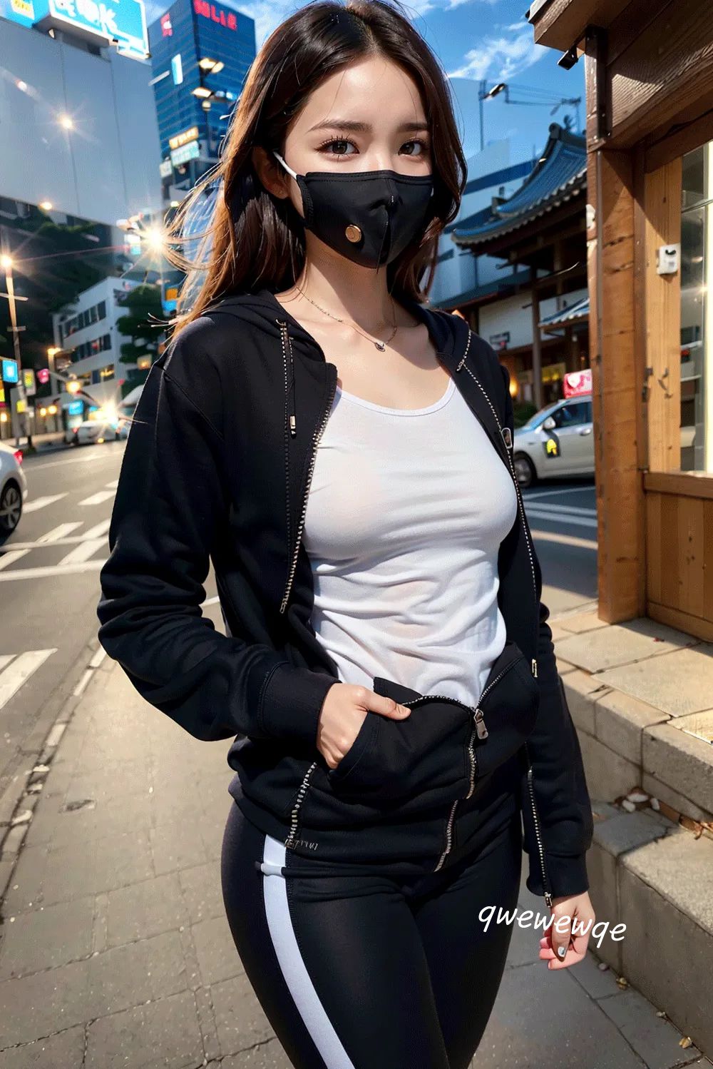 Evening street photography of a tall and beautiful girl in white leggings