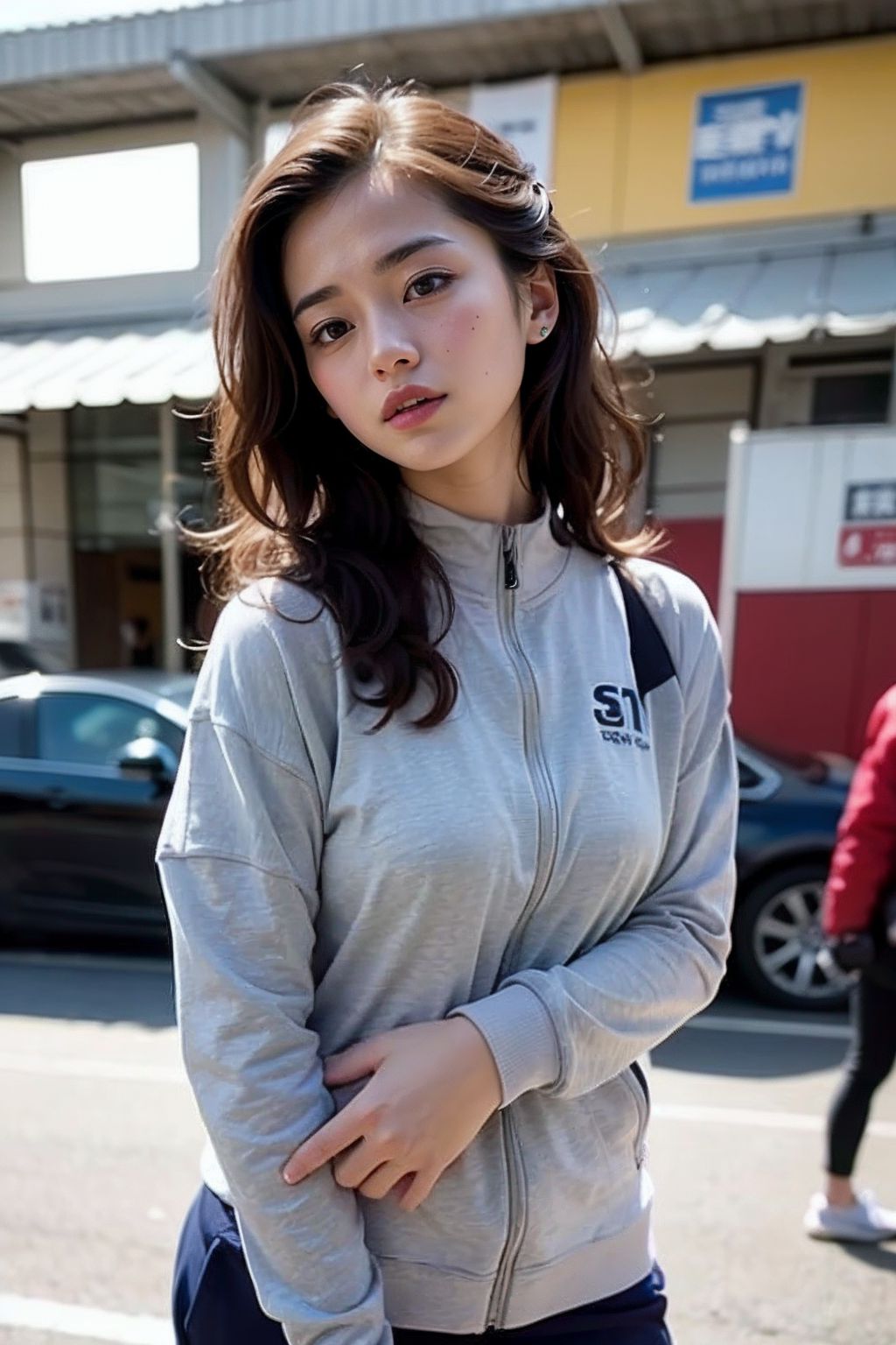 고독한 거리 검은색 요가 레깅스를 입은 섹시한 미녀 스트리트 스냅