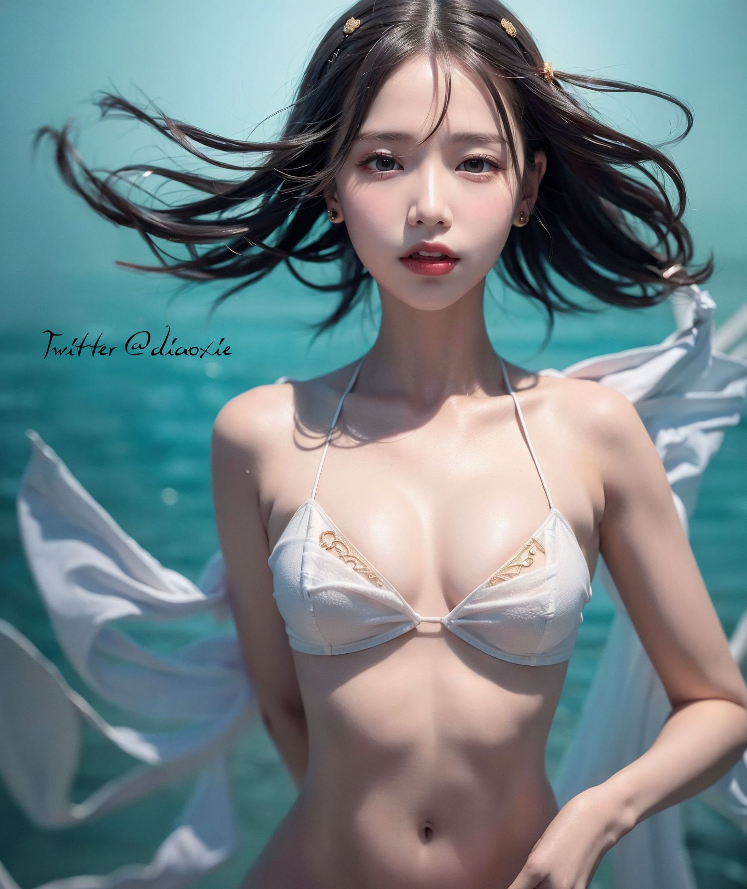 Bãi biển váy trắng tóc dài AI em gái
