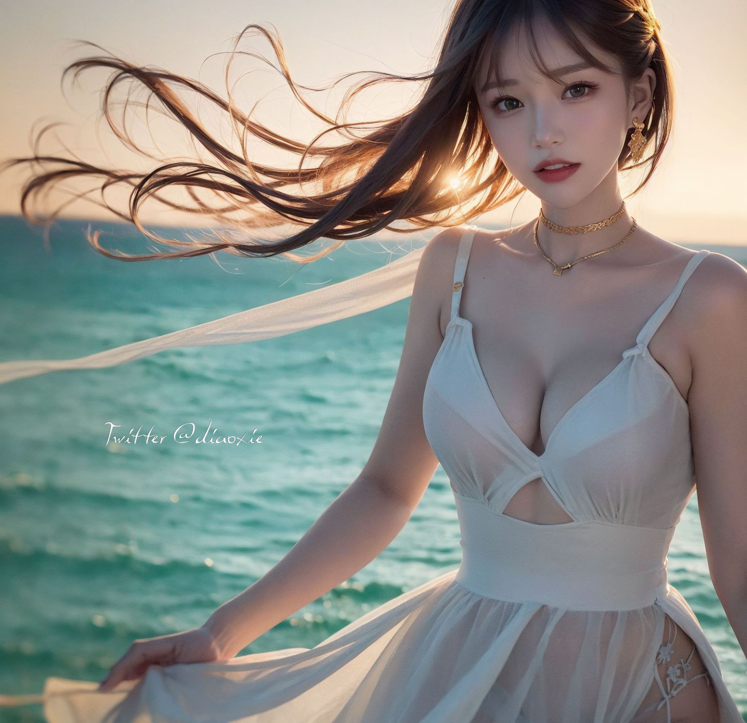 Bãi biển váy trắng tóc dài AI em gái