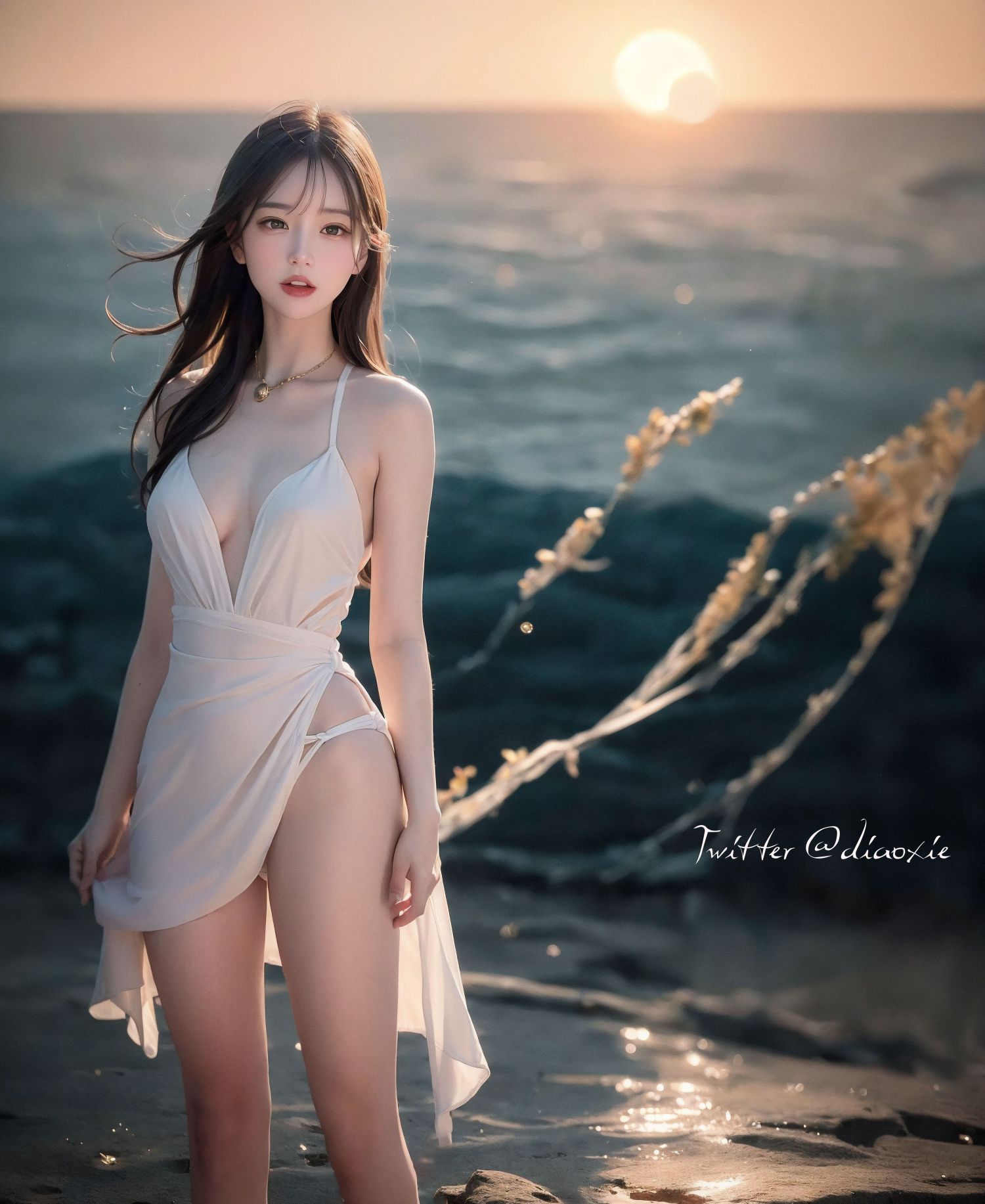 Bãi biển váy trắng tóc dài AI em gái